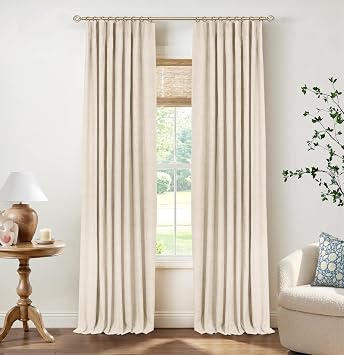 INOVADAY 100% Blackout Curtains for Bedroom Black Out Curtains 84 Inch Long | Cream Curtains for Living Room 2 Panels, Clip Rings Linen Look Blackout Drapes, Thermal Insulated Room Darkening,W50xL84