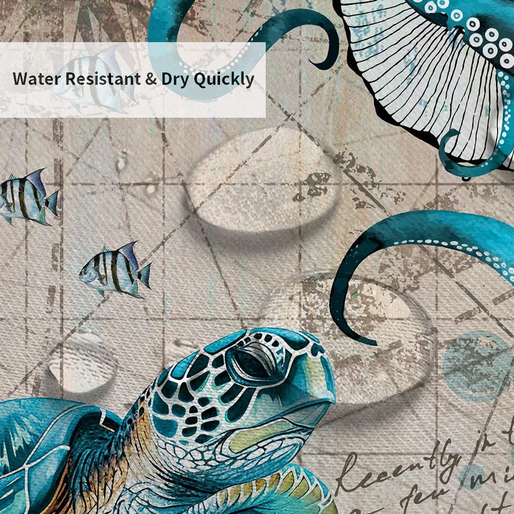 Wathon Sea Turtle Octopus Shower Curtain Blue Teal Ocean Bath Curtain with Vintage Pirate Map Underwater Animal Coastal Theme Bathroom Decor Set Hooks Included 70X84IN