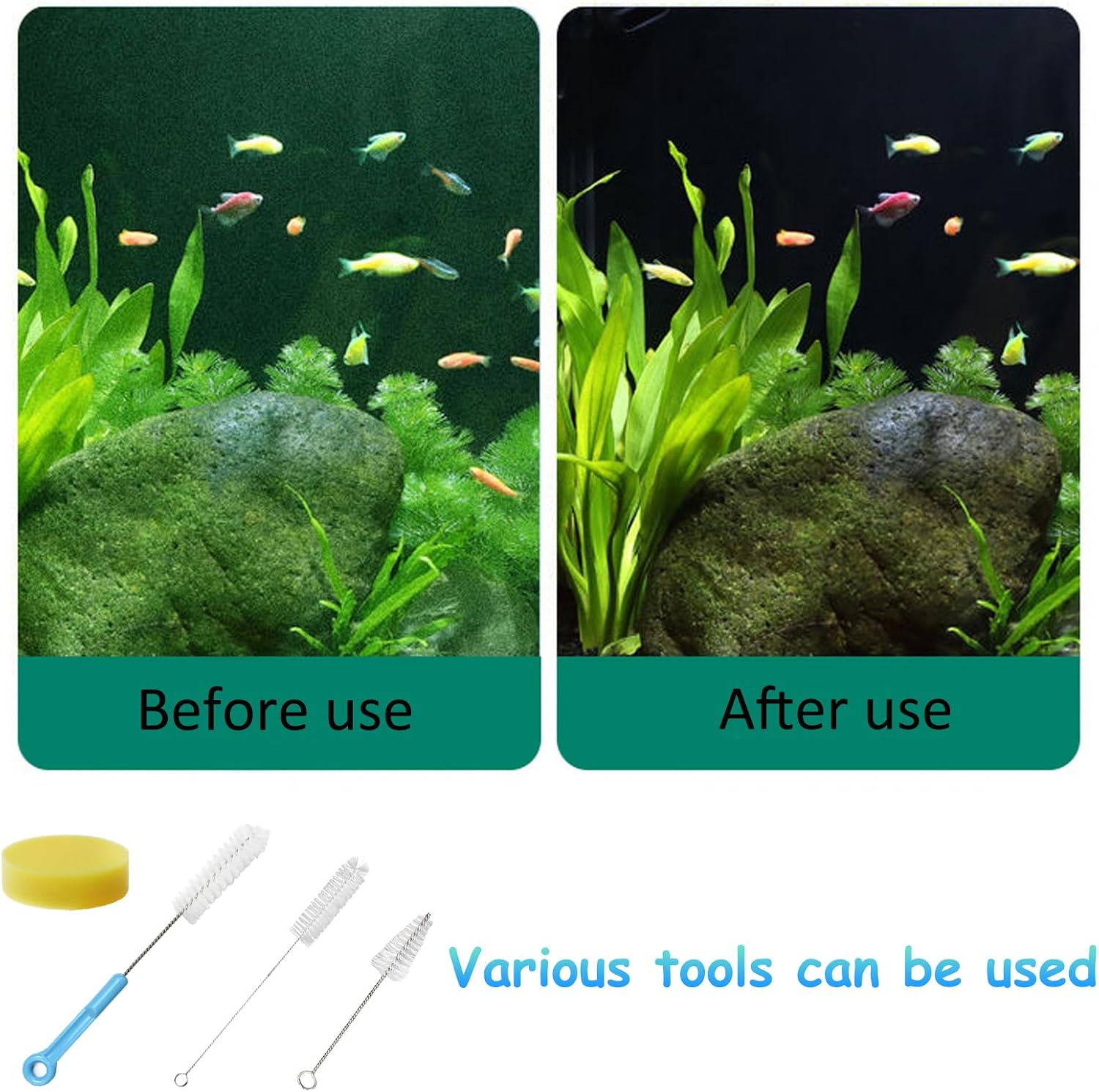 7 in 1 Aquarium Cleaning Tool Kit Betta Fish Tanks Cleaning Accessories Set Includes Seaweed Scraper with Handle, Sponge Brush, Fishing Net and Pump Brush