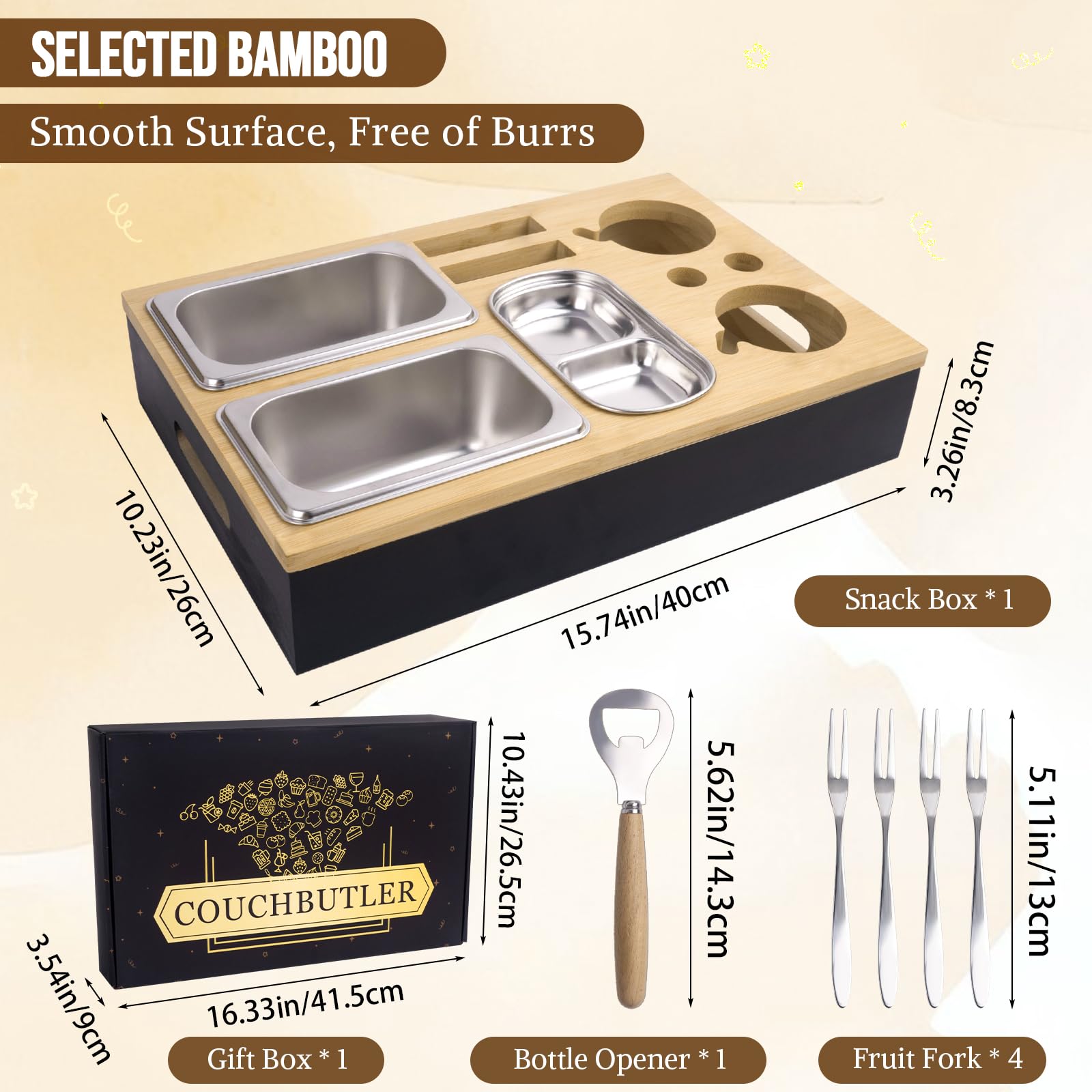 Canapé Bar avec Boîte Cadeau, Plateau de Canapé avec Boîte à Goûter, Fourchette à Fruits et Ouvre-Bouteille, Plateau de Service à Vin, Boîte à Collations Couchbar pour Le Salon, la Fête