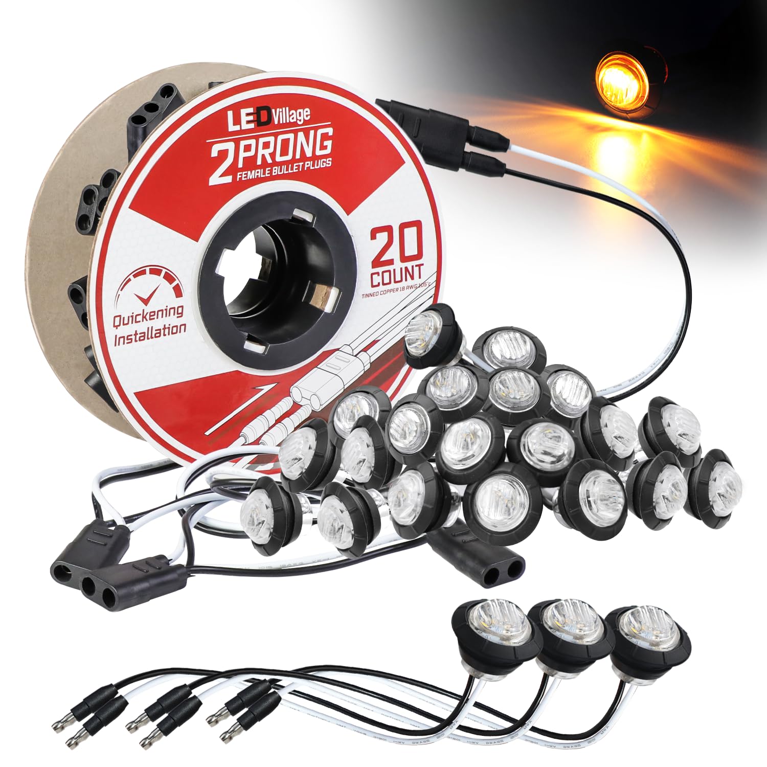 Bundle Pack 3/4" Clear Lens Amber LED Marker Light DC Plug (20 Pcs) + 2 Prong Harness Roll 20 Counts Indicator Light, Clearance Light for Truck Trailer RV Pickup