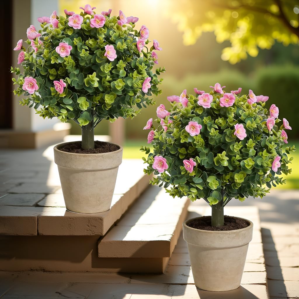 Artificial Pink Tea Blossom Shrubs 50cm High UV Protection for Indoor Outdoor Offices Living Room Bedroom Garden 2 Plants