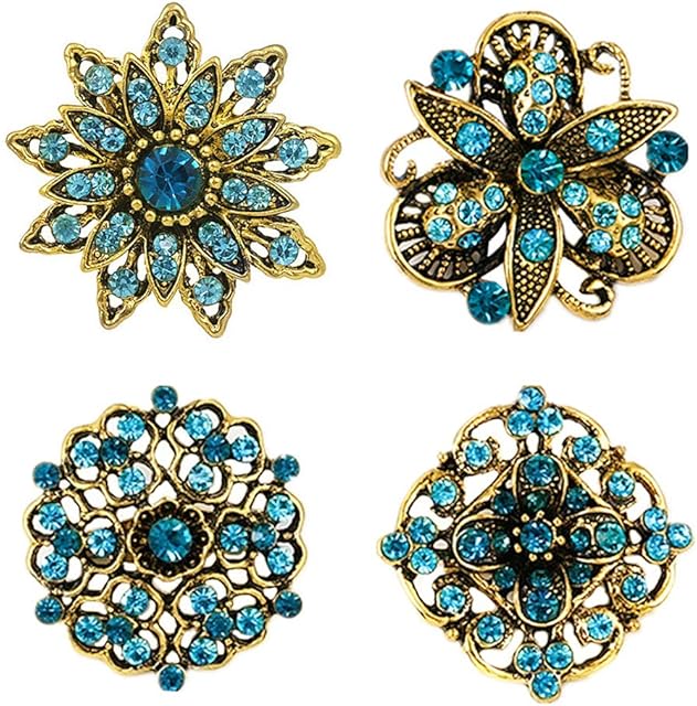 NA 4 Pcs Vintage Gold Blue Flower Brooch Rhinestone Brooch Pin Elegant Alloy Shawl Clip for Women Girls Wedding Party Accessories