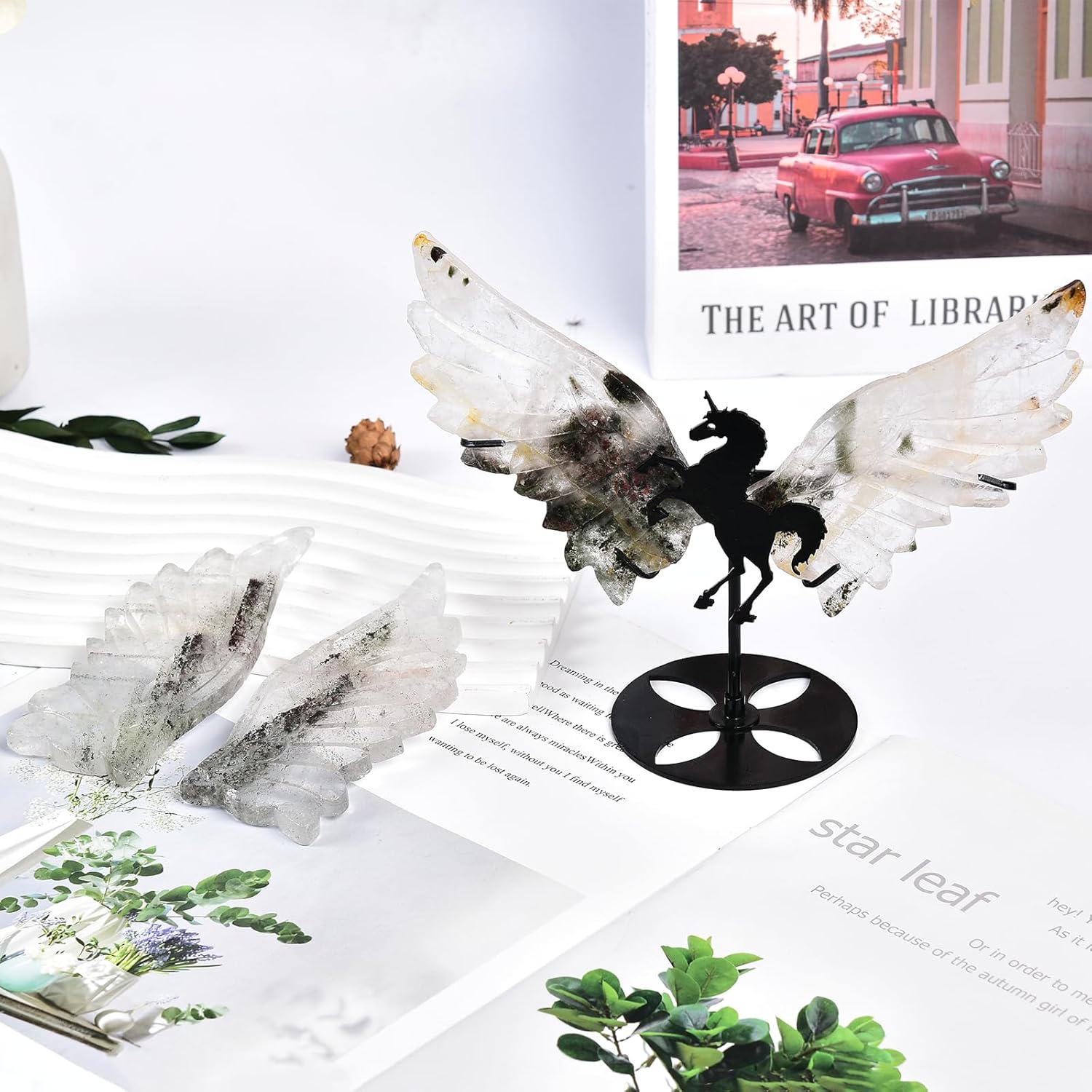 JIC Gem Ghost Crystal Carved Wings of Unicorn Healing Crystal Slices Wings Gemstone Ornament with Stand Home Decor Meditation Therapy Gifts Collection (1pair)