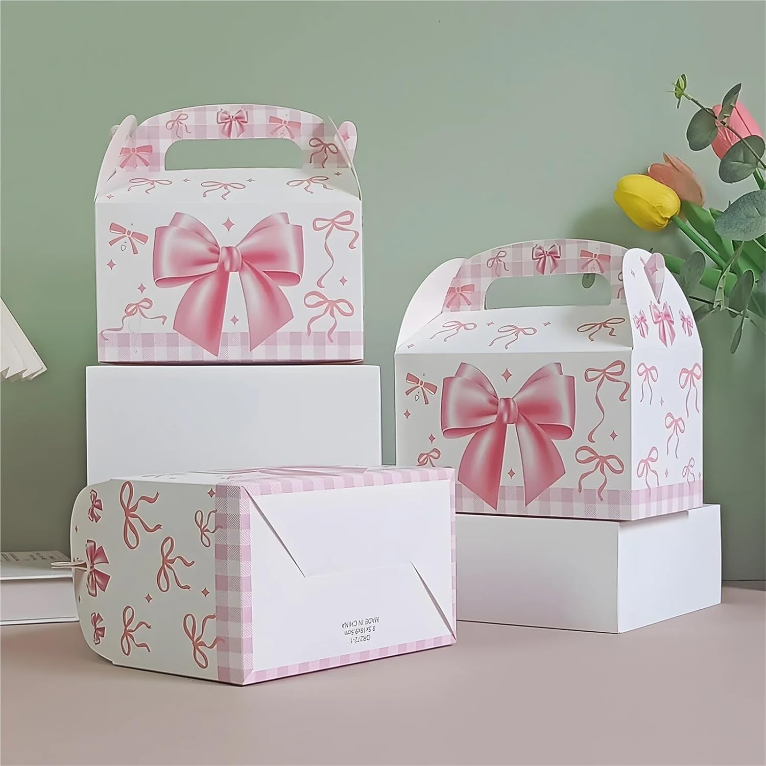 Cake Box 12/24pcs Pink Bow Kraft Paper Box Handheld Kids Packaging Cake Candy Biscuits Storage Baking Birthday Party(24pcs)