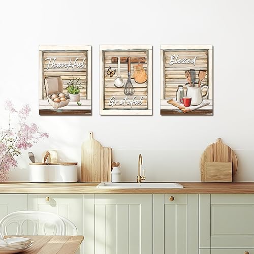 Miniatura 2 de Sepwrol 3 piezas de lienzo rústico con texto en inglés Bless Grateful Thankful para pared, arte de pared con citas de cocina retro, 12 x 16