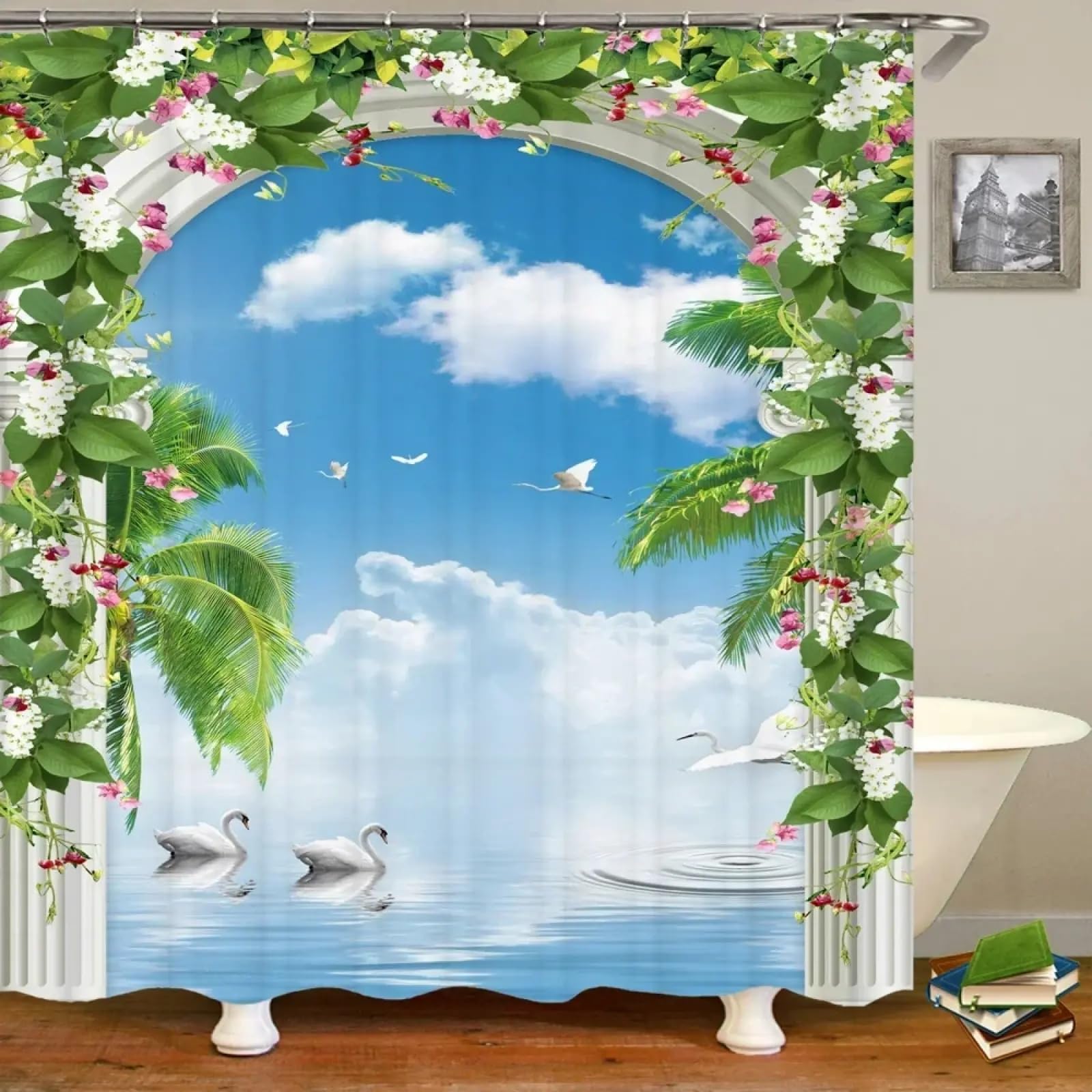 Rideau de douche 3D paysage naturel avec crochets 145x185 cm pour salle de bain