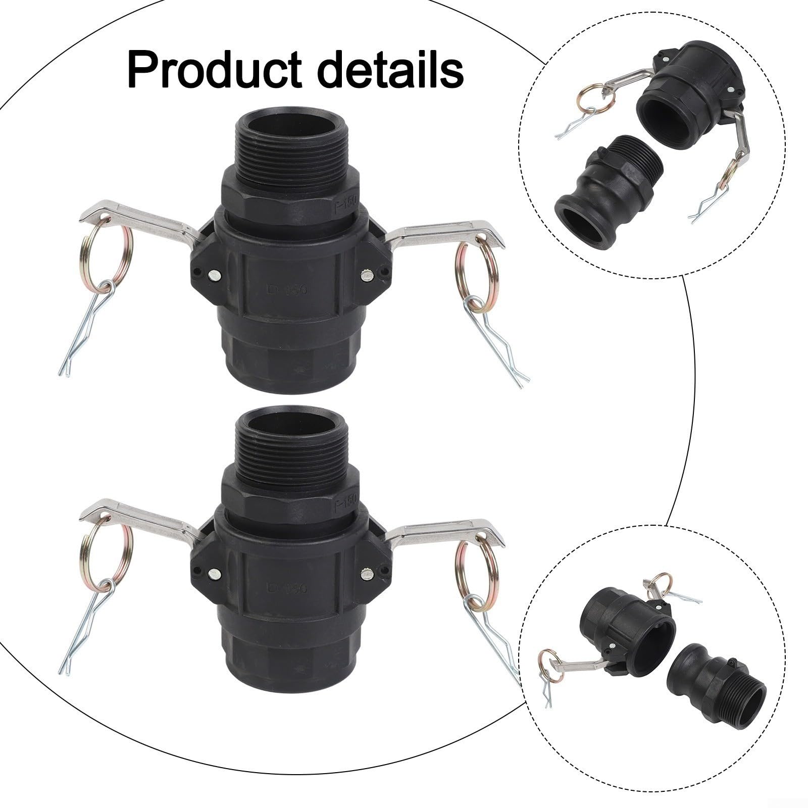 2 juegos de accesorios de polipropileno Camlock tipo D tipo F acoplamiento de conexión rápida de 1.5 pulgadas, accesorios de manguera plana negra para transferencia de agua y aceite (1.5