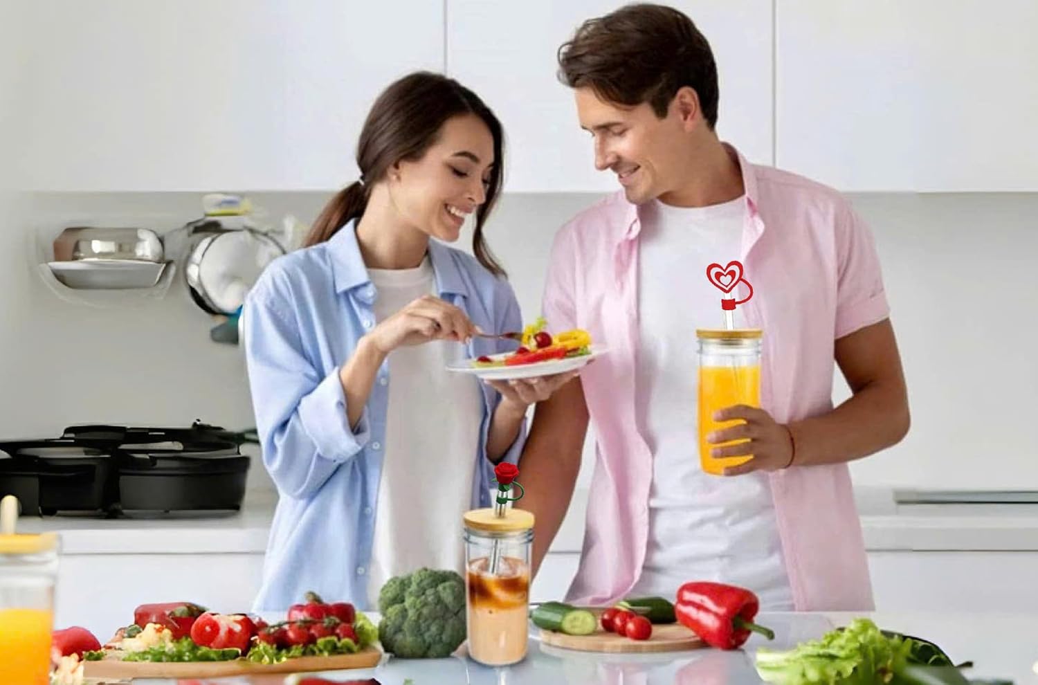 6 Pcs silicone straw covers with heart & rose design, reusable dust toppers for Stanley cups – Valentine straw toppers, Gift for Valentine. - Image 3