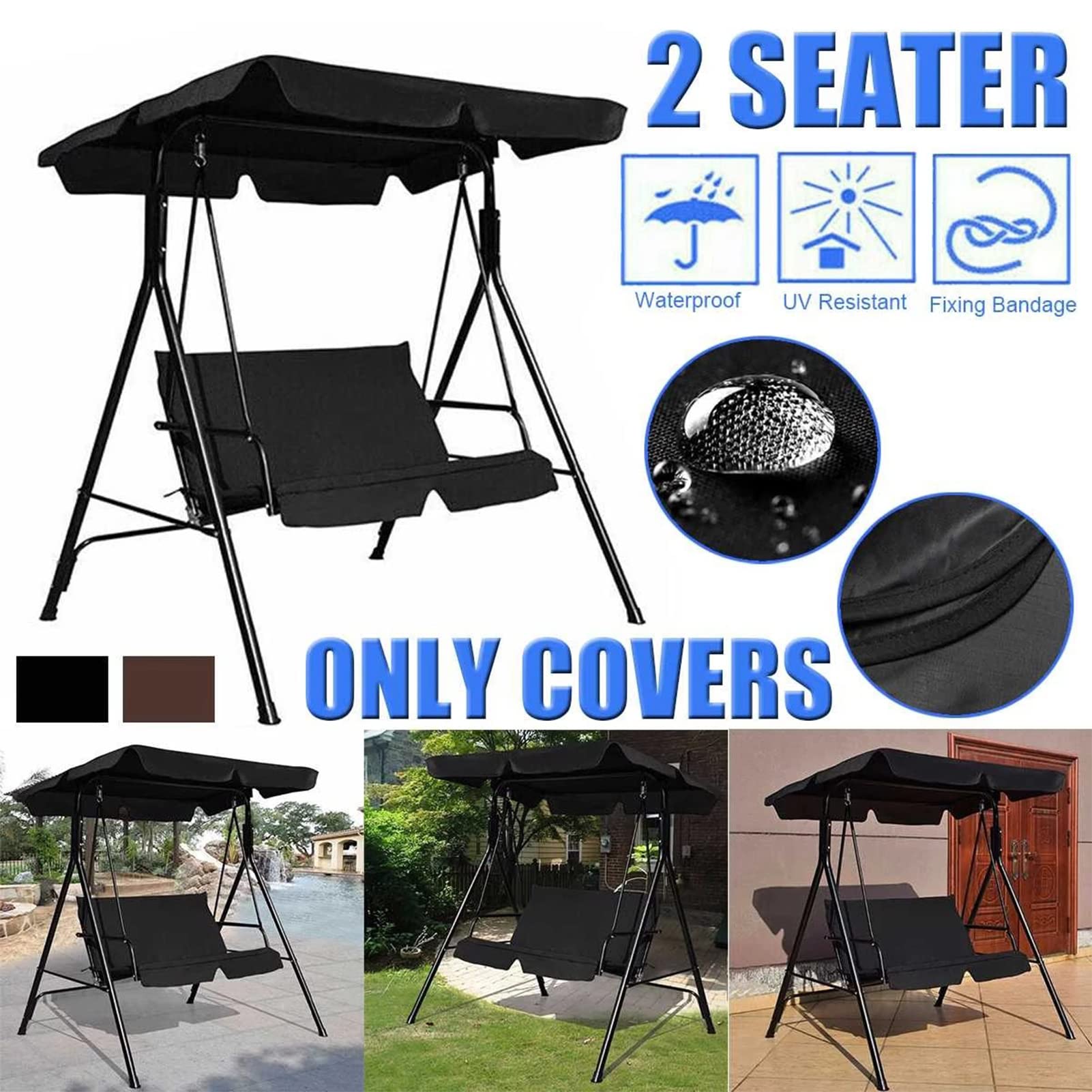 Toldo Recambio Balancin de Jardin con Cubierta Asiento 2/3 Plazas, Techo y Asiento de Repuesto para Columpio Jardín, Telas para Toldos Universal, Recubrimiento de PU Imp(Size:195x125x15cm,Color:Gris)