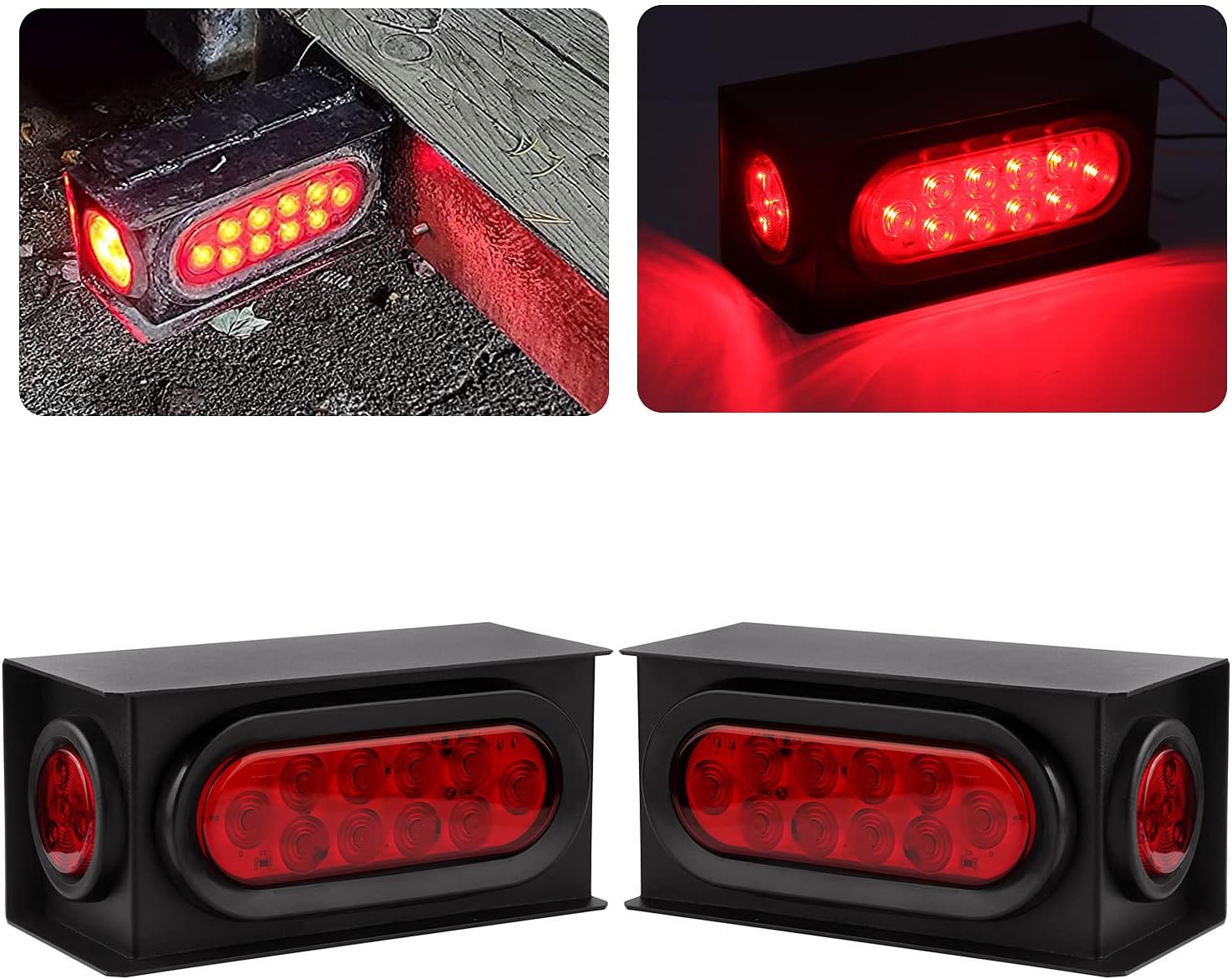 2Pcs Steel Trailer Lights Boxes Housing Kit w/6 Inch Oval Red LED Trailer Tail Lights 10LED and 2" Round Red LED Side Marker Lights 4LED, Grommets and Wire Pigtails Connectors Included
