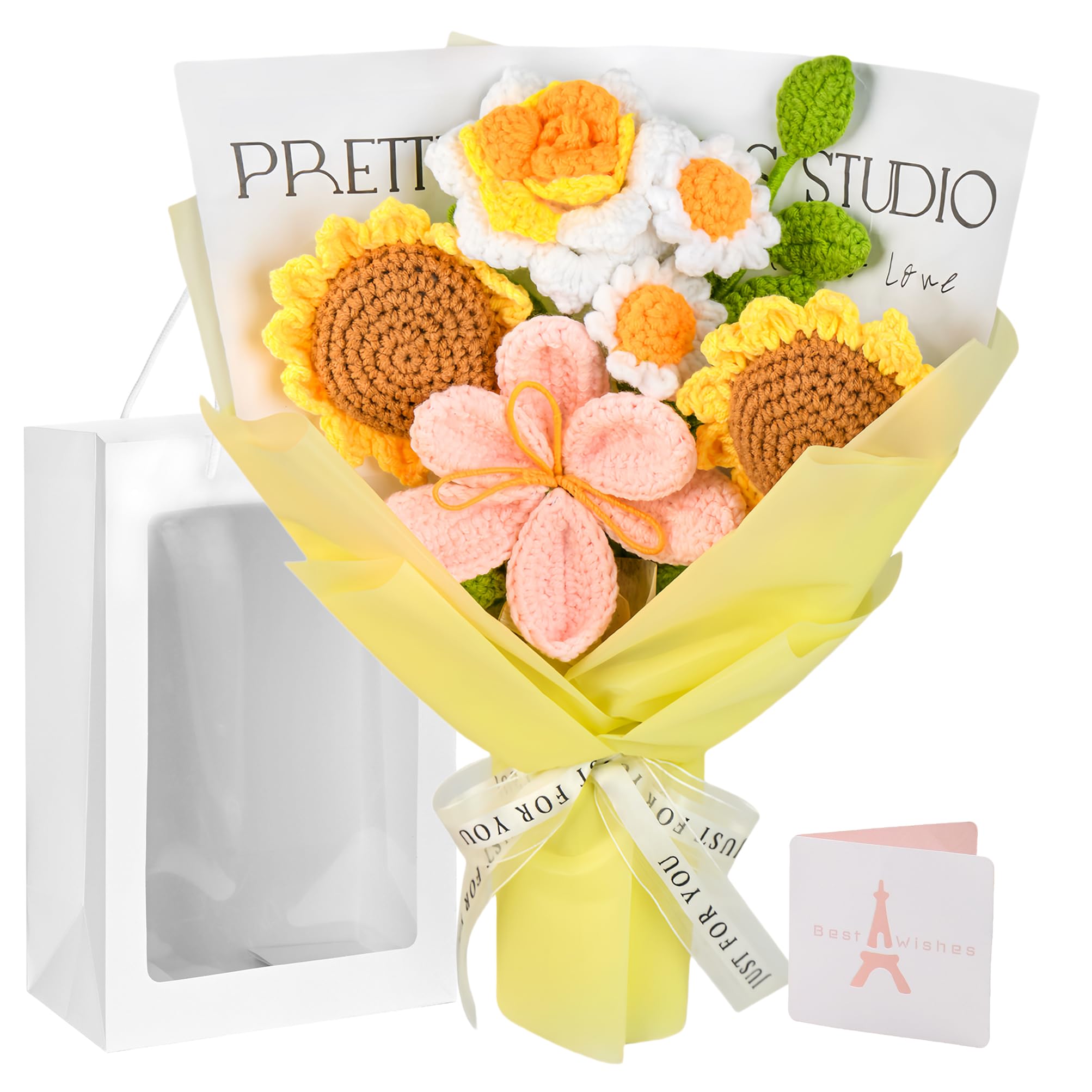 Gouraml Crochet Flower Bouquet, Crochet Flowers Handmade Yellow Roses Sunflowers Bouquet, Romantic Gift for Her, Wedding, Anniversary, Birthday Gift for Women Wife Lover Friends (Sunflower)