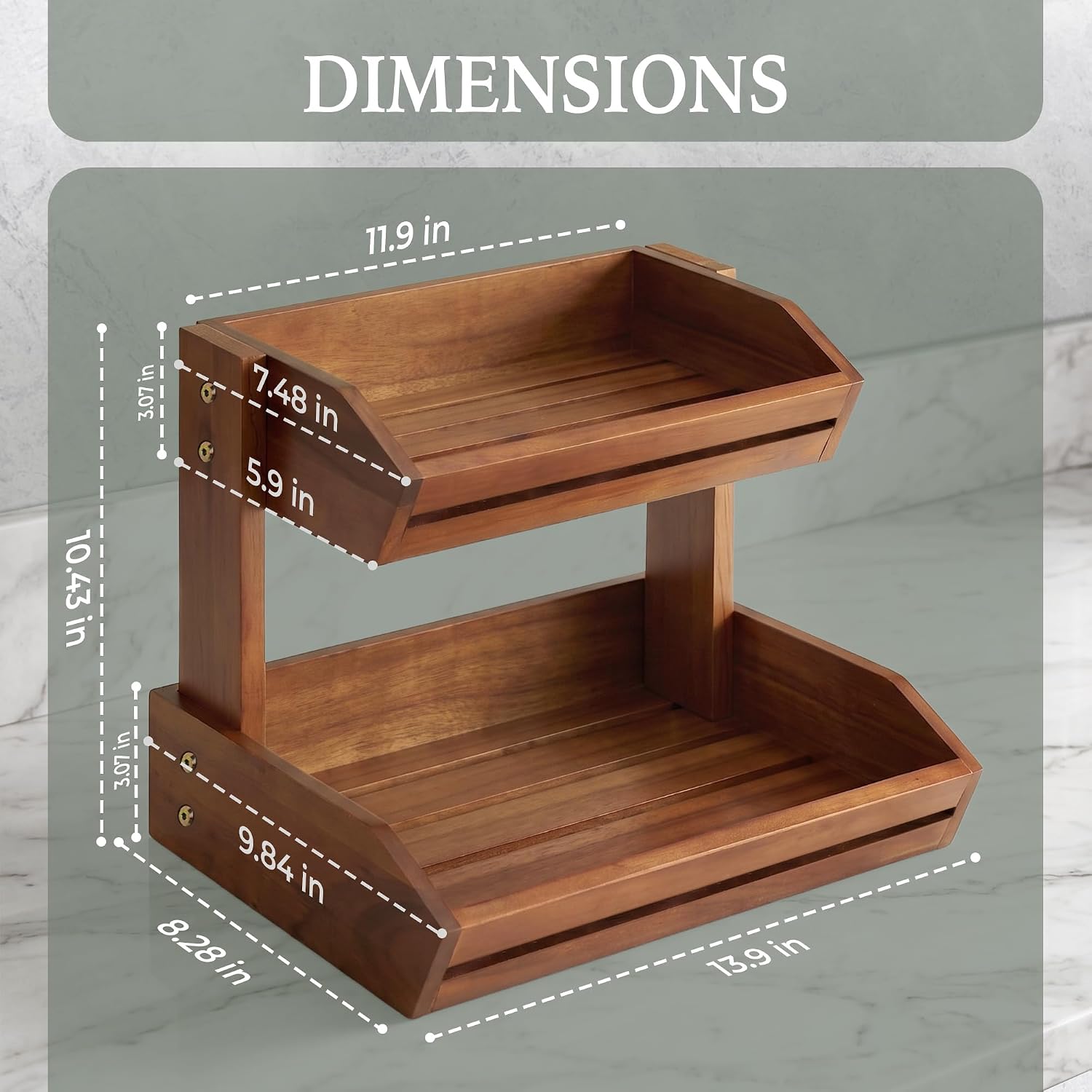 2 Tier Fruit Basket for Kitchen Counter, Solid Acacia Wood Fruit Stand