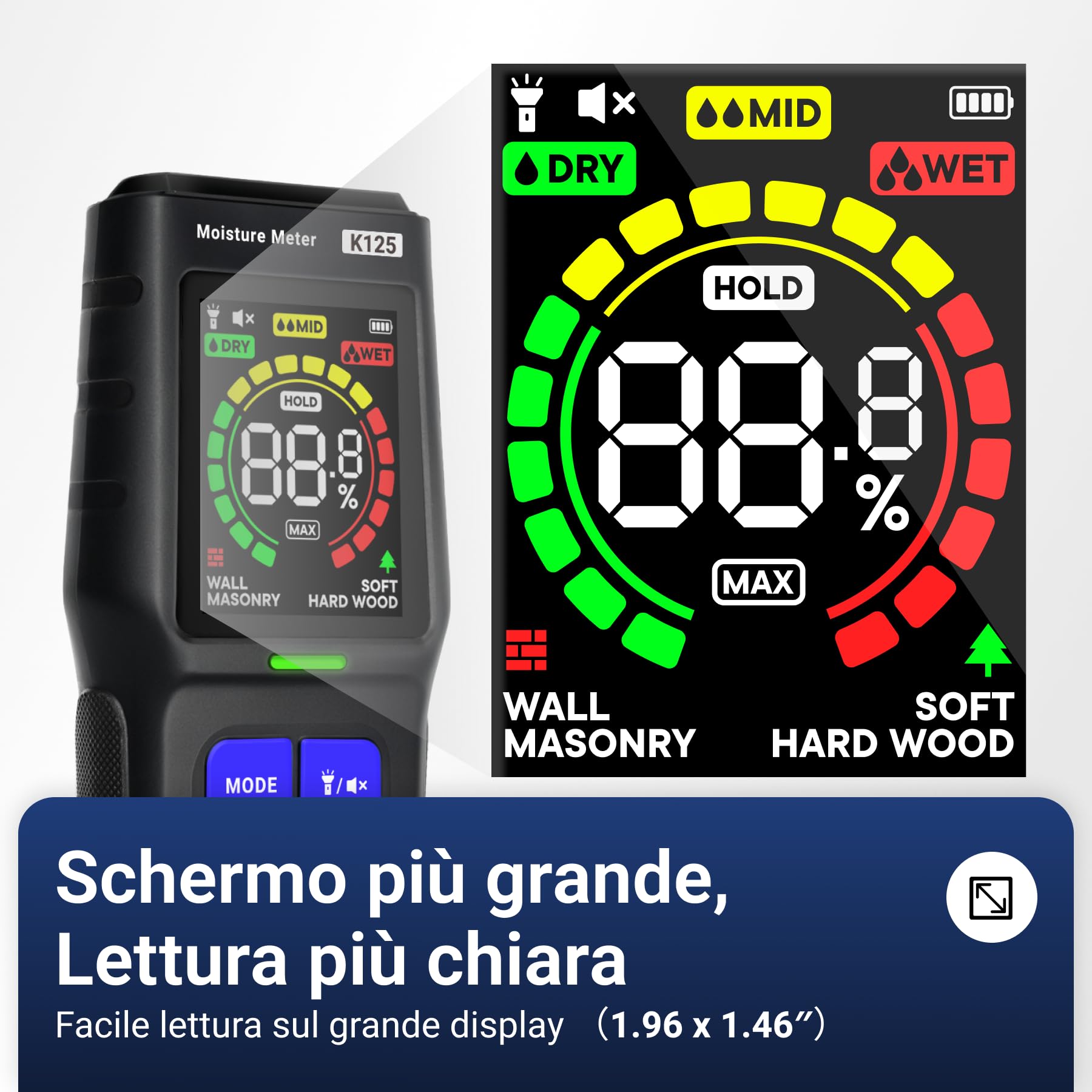 Misuratore di Umidità Senza Ago, Rilevatore di Umidità non Distruttivo per Legno, Muri e Cartongesso con Display LCD, Allarme Acustico, 4 Modalità, Profondità di Rilevamento 19 mm