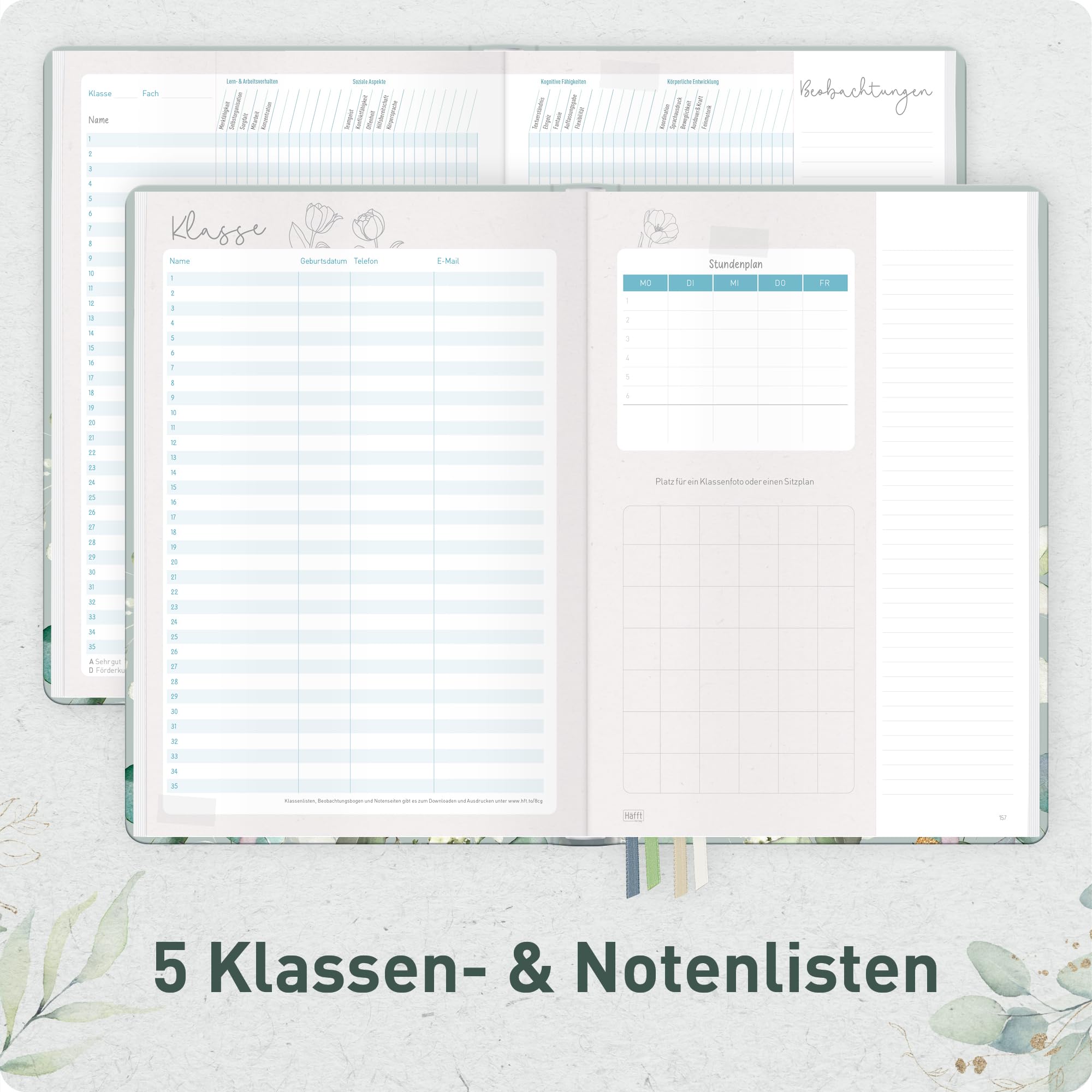 Häfft® Lehrerplaner Grundschule 2026/2027 im A4+ Format Hardcover - Schuljahr 12 Monate (Aug 26 - Jul 27) Lehrerkalender & Unterrichtsplaner für Klasse 1–4 "Minty Leaves"