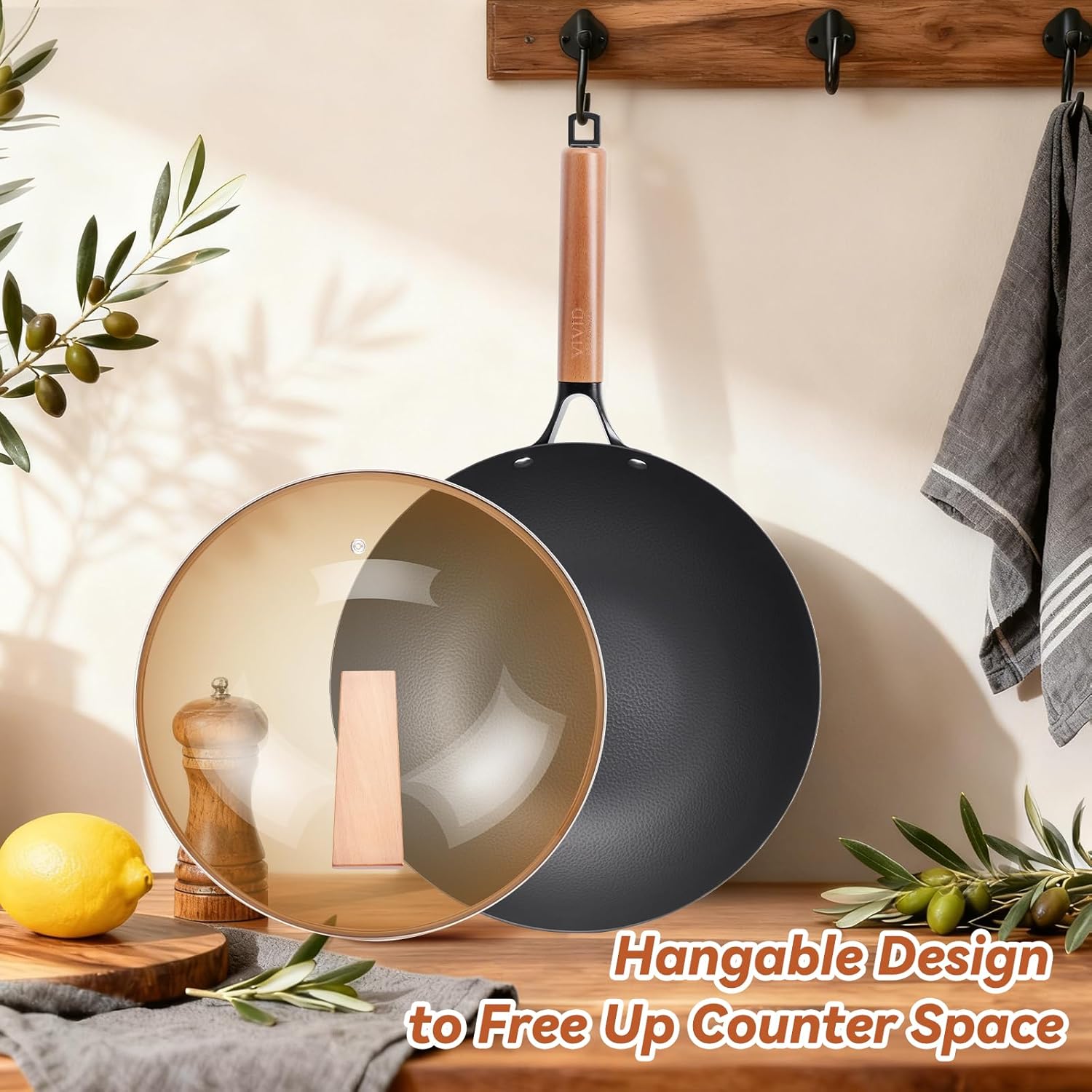 12.6 Inch Carbon Steel Wok Pan with Standable Tempered Glass Lid, Flat Bottom Wok, Non-Coated Stir Fry Pan with Wood Handle for Induction, Gas, Electric and Ceramic Stovetops