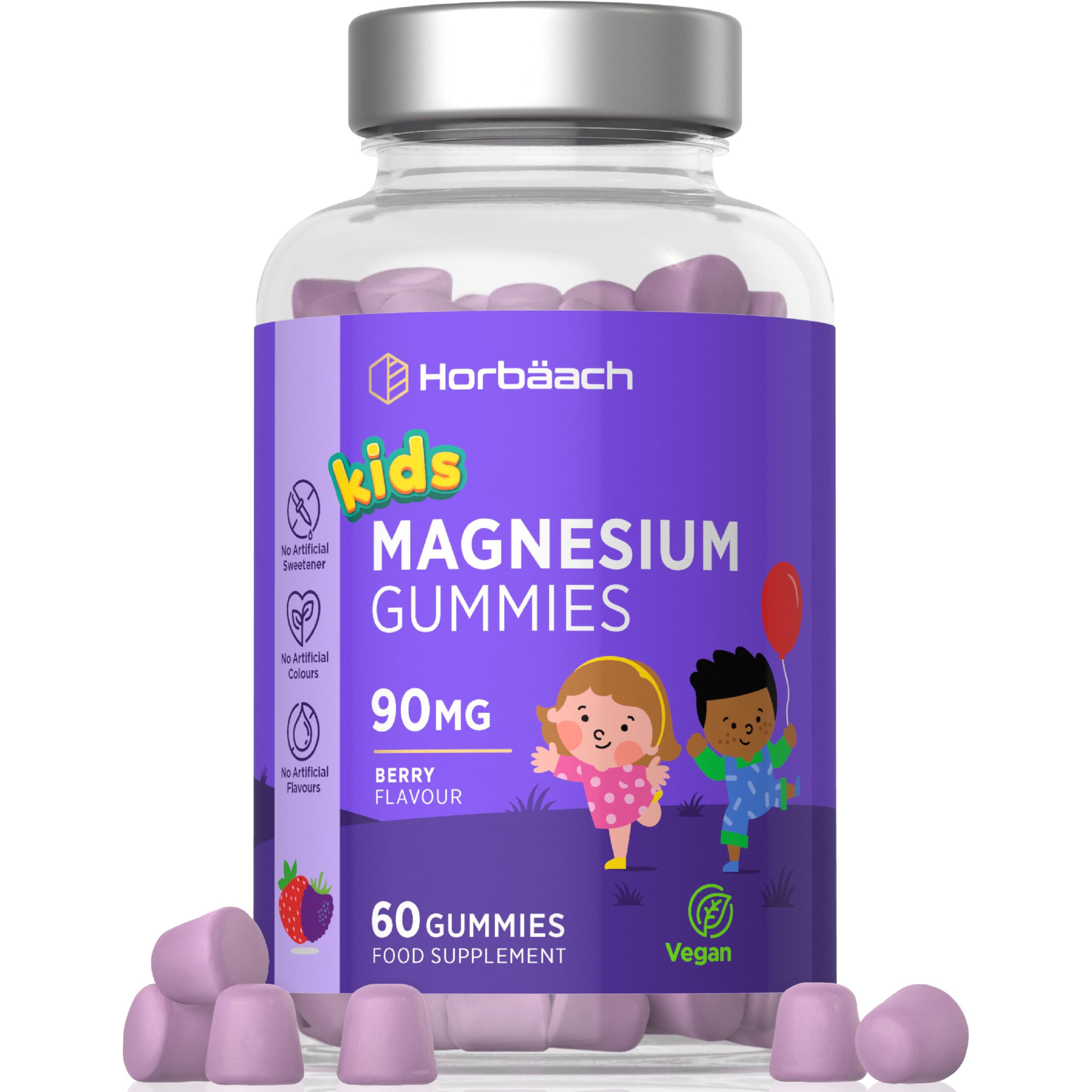 Kids Magnesium Gummies 90mg | 60 Count (2 Months Supply) | Magnesium Citrate | Berry Flavoured Vegan Supplement | by Horbaach