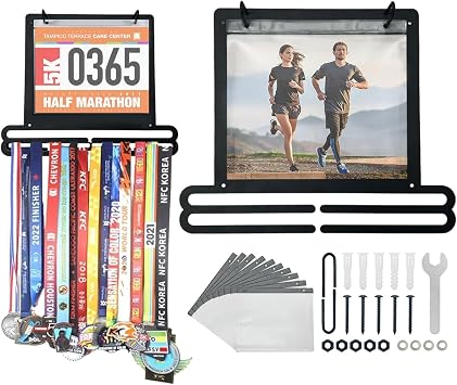 Medal Hanger Display for Runner Marathon Medal Rack Medal Hanger Running Bib and Medal Holder Over 60 Medals and with 10 Flip Pouches
