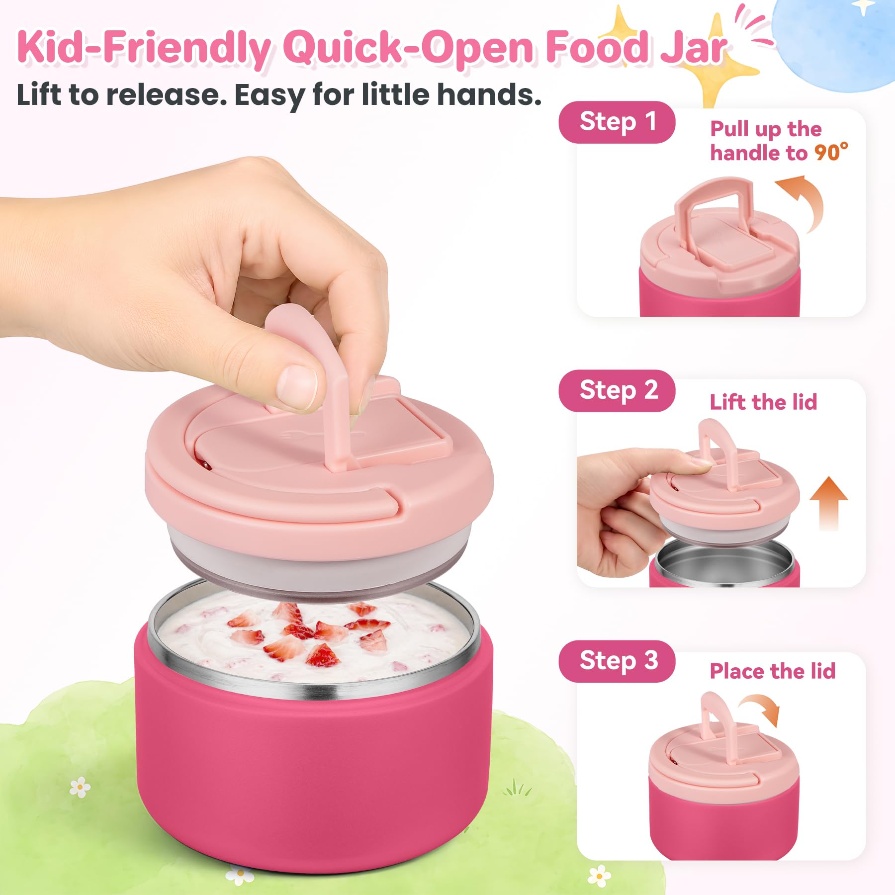 Bento-Lunchbox mit 237 ml Suppen-Thermo, auslaufsichere Lunch-Lebensmittelbehälter für Kinder mit 4 Fächern, Thermo-isoliertes Glas für heiße Lebensmittel und Lunchtasche für die Schule, Trvael-Pink