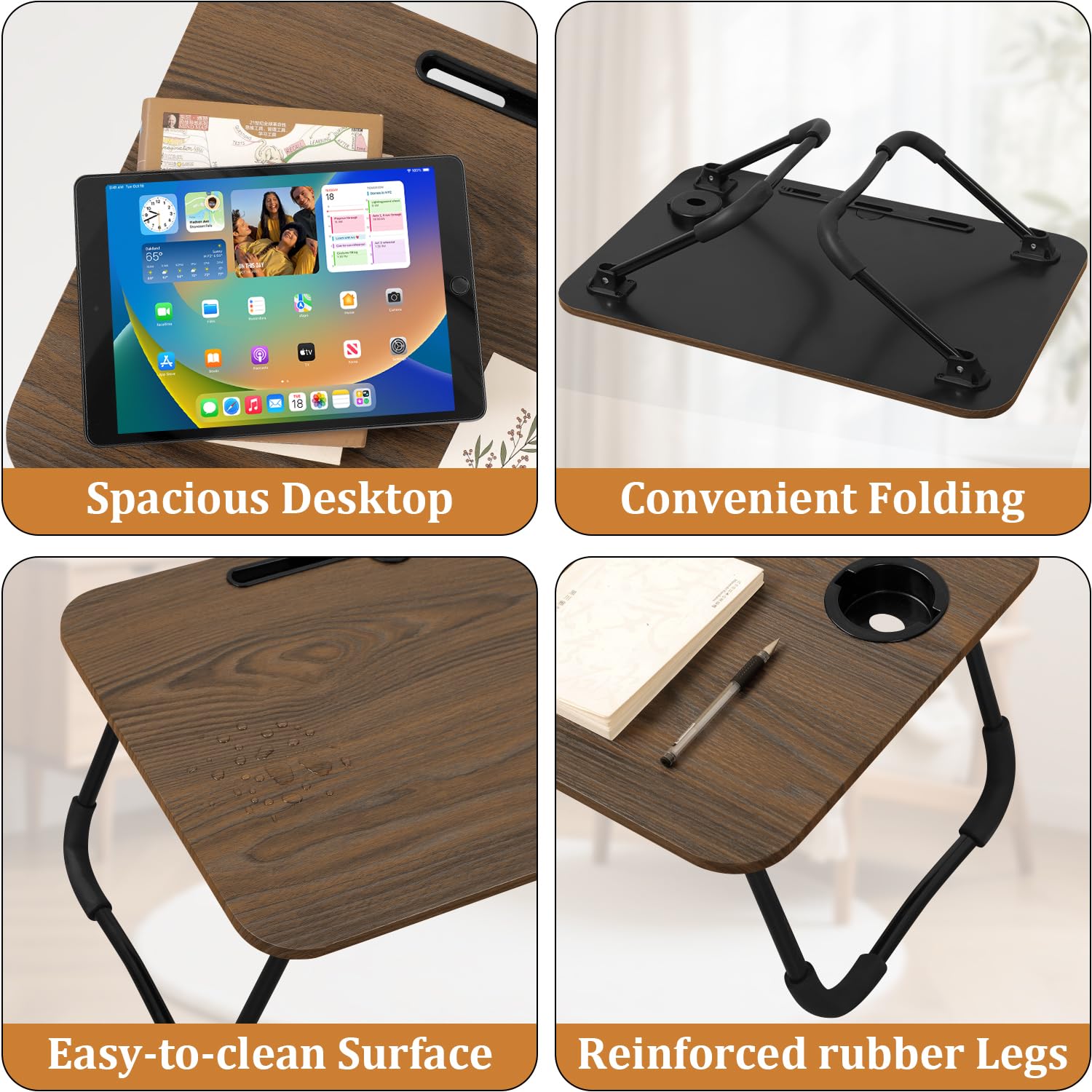 Escritorio plegable de madera portátil con soporte para tazas y ranura para tableta, escritorio plegable para laptop, sofá, escritorio de suelo para leer, escribir, comer, ver películas, marrón