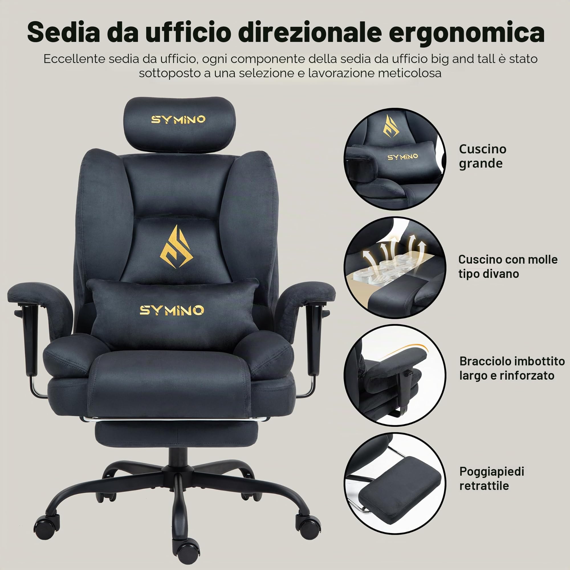 Symino Sedia Gaming con Poggiapiedi, Reclinabile 150°, Braccioli Regolabili in Altezza, Rivestimento in Microfibra Traspirante, Portata 150 kg