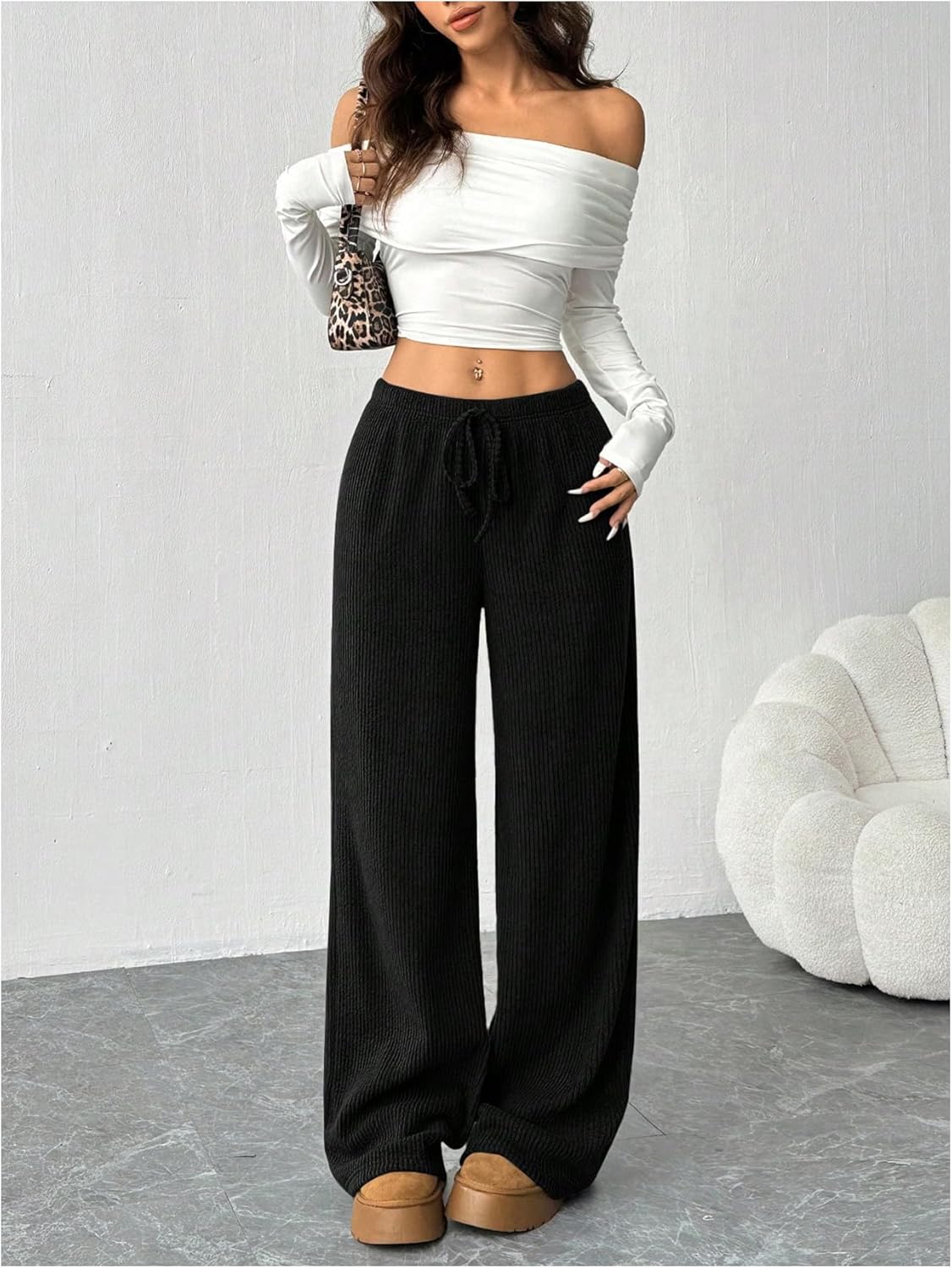 OYOANGLE Women's Ribbed Lounge Trousers Knit Comfy Drawstring Waist Straight Leg Pants - Image 6