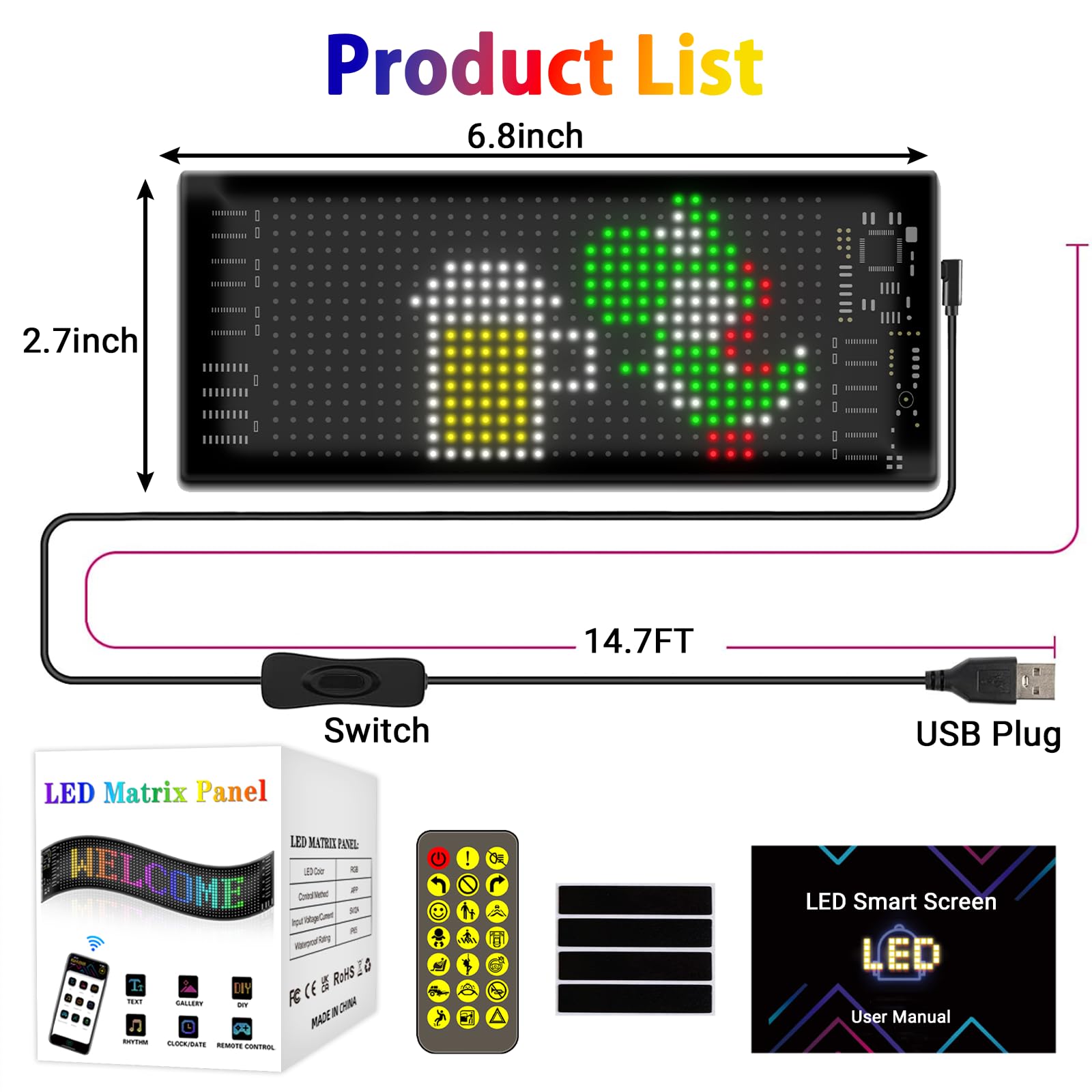 Panneau LED Flexible Programmable 17,3x7cm - Contrôle Par Appli Bluetooth, étanche IP65 - Pour Voiture, Boutique, Bar (alimentation USB) - 11