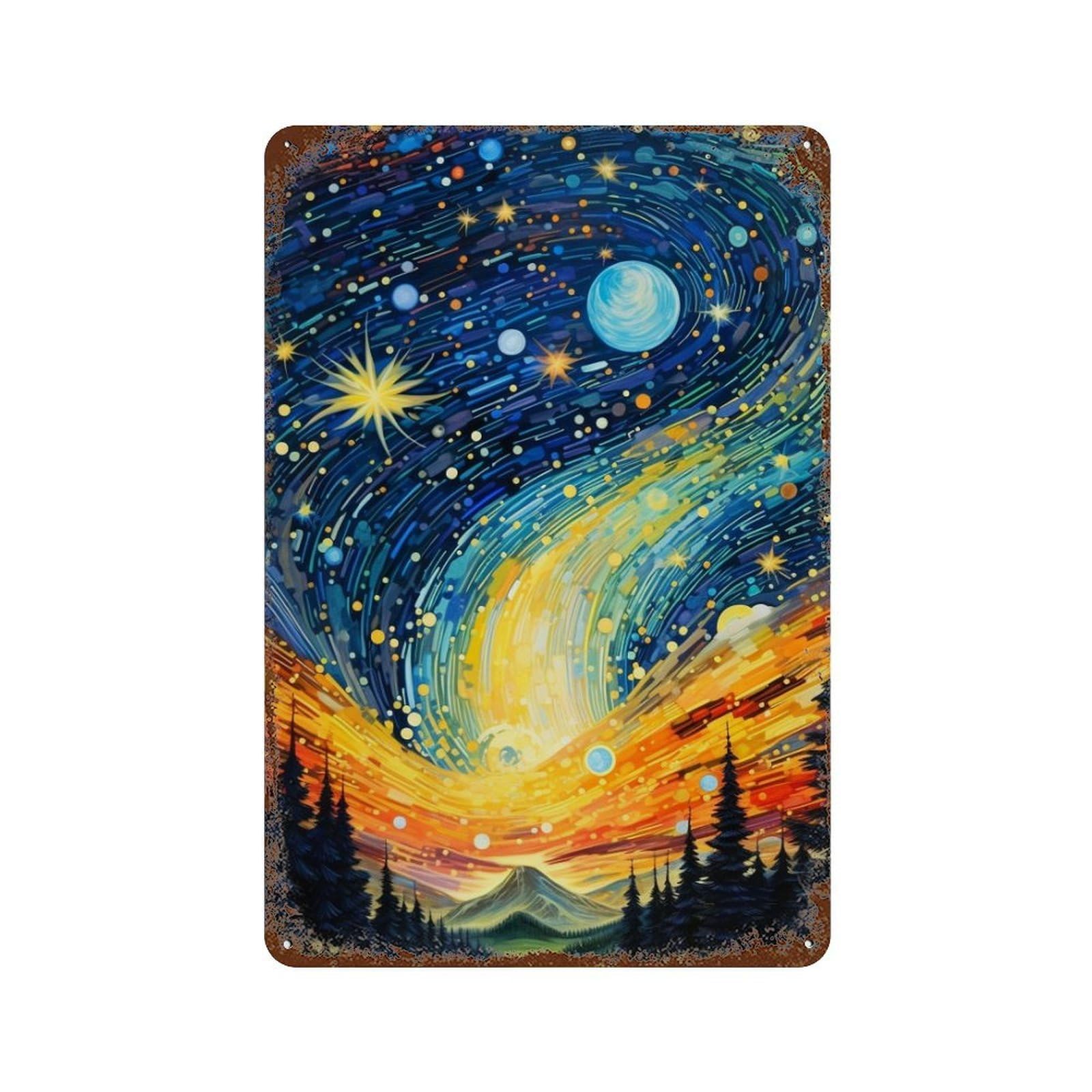 Starry Night Sky Painting Distressed Metal Wall Sign 11.8"x7.9", Ideal for Cafe, Home Bar And Lounge Decor