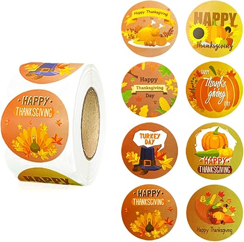 Miniatura 8 de 500 calcomanías de etiquetas de Acción de Gracias, rollo de sellos de sobre, calcomanías de hojas de otoño, calabaza, etiquetas redondas de 1.5