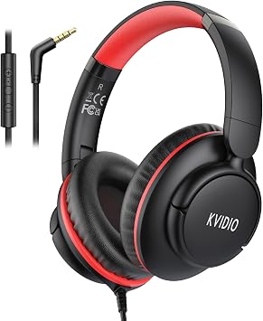 KVIDIO Wired Headphones with Microphone, Over Ear Foldable 3.5mm Plug in Corded Headphones with Volume Control, 4.9ft Tangle-Free Cord for Tablet Laptop MP3/4 School, Airplane Travel Black Red