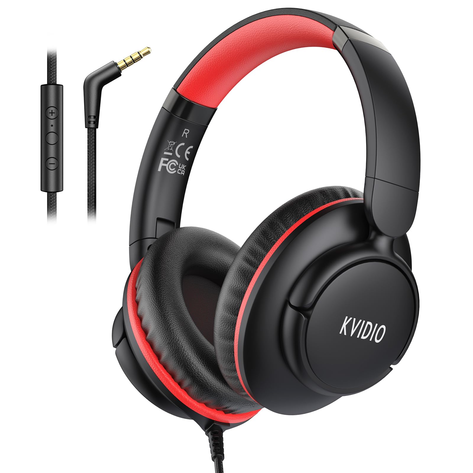 KVIDIO Wired Headphones with Mic,3.5mm Plug Headphones for School Black Red