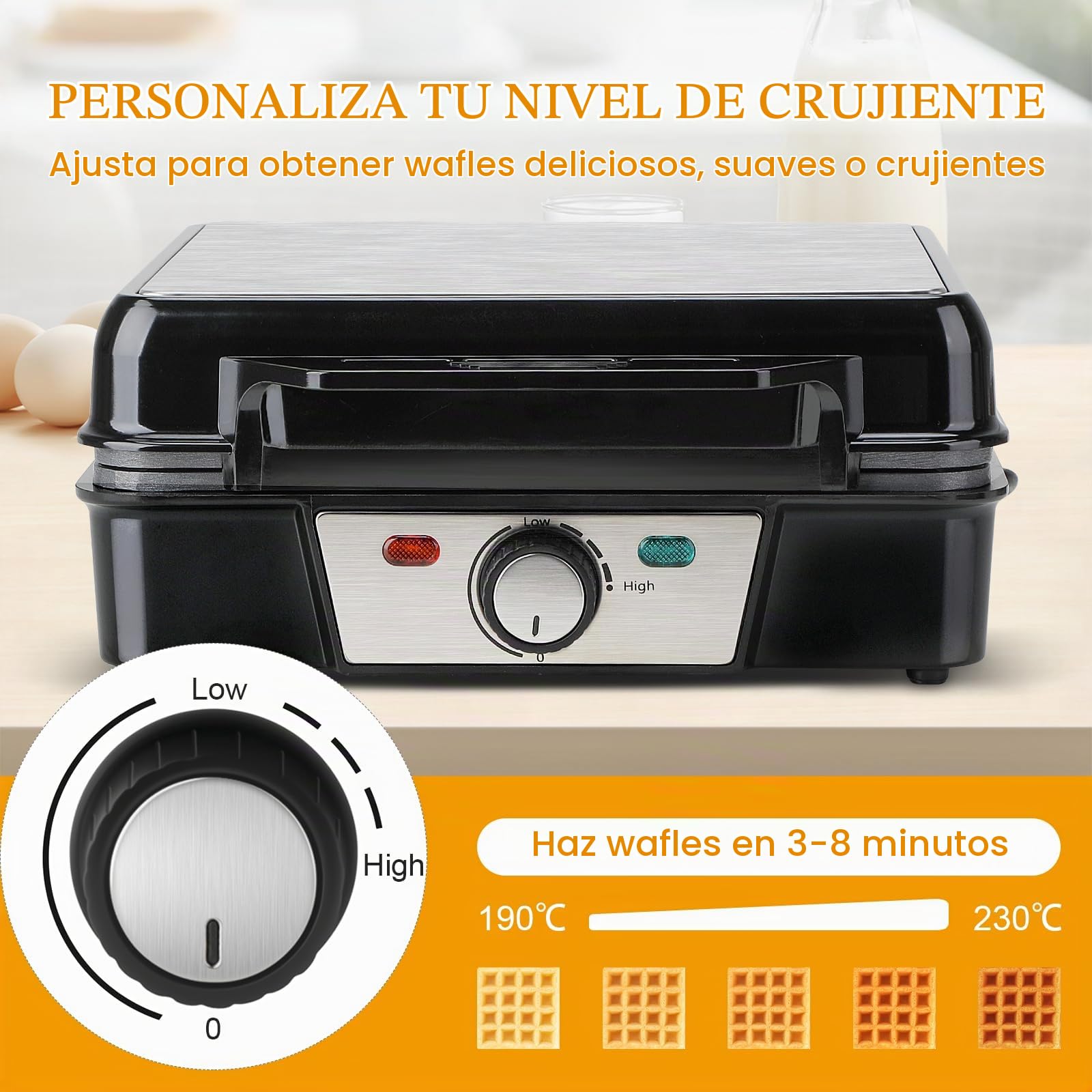 Cozary Gofrera Maquina de Gofres Waflera Antiadherente 1200W Hace 4 Gofres Belgas Temperatura Ajustable Acero inoxidable Diseño Compacto
