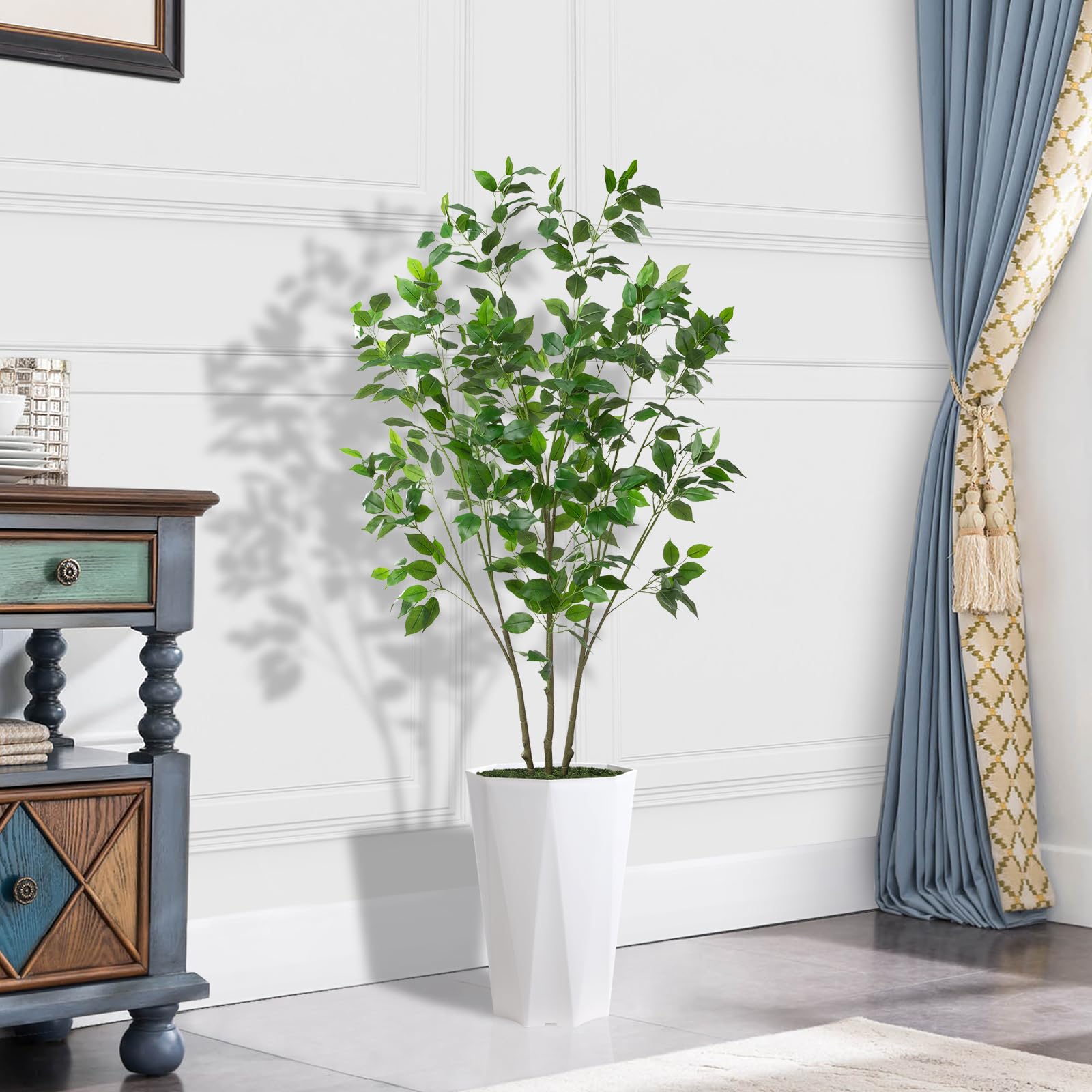 Artificial Ficus Plant Indoor 5FT Fake Tree with White Diamond Planter Faux Ficus Tall Fake Floor Plant in Pot Artificial Trees for Home Office Living Room Decor Indoor