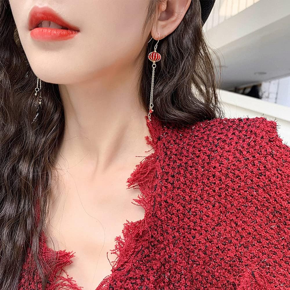 Dainty Red Lantern Dangle Drop Earrings for Women Chinese Style S925 Sterling Silver Post Statement Long Chain Tassel Earring Piercing Dangling Hook Elegant Hypoallergenic Jewelry for Daughter Mom - Image 2