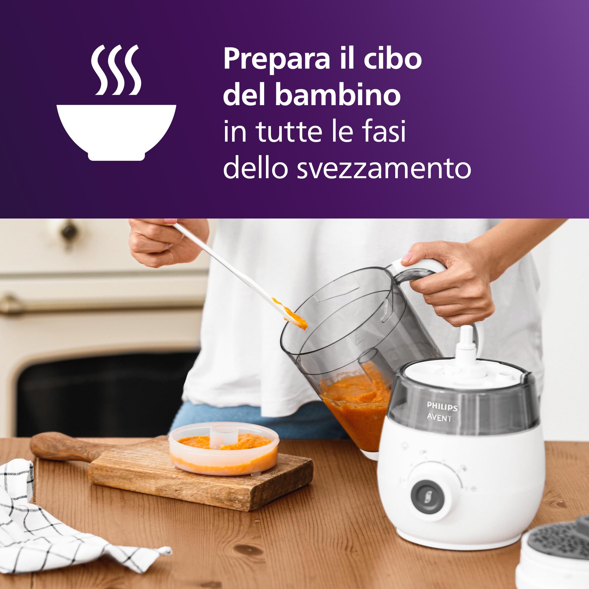 Philips Avent SCF883/01 EasyPappa Plus 4 in 1 Cuocipappa Multifunzione, Cuoci a Vapore, Frulla, Scongela e Riscalda in un Recipiente, 1 litro, Bianco/Grigio