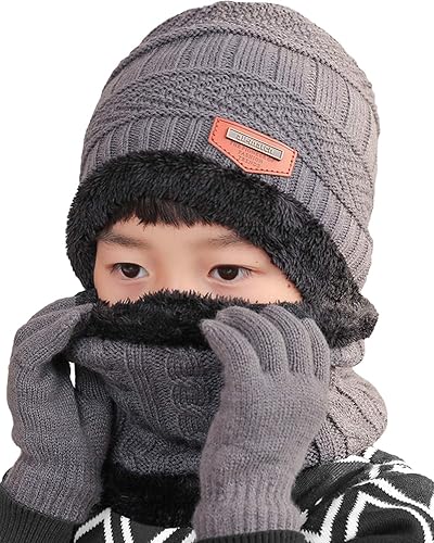 T WILKER Juego de 3 gorros de invierno para niños, bufanda y guantes para pantalla táctil