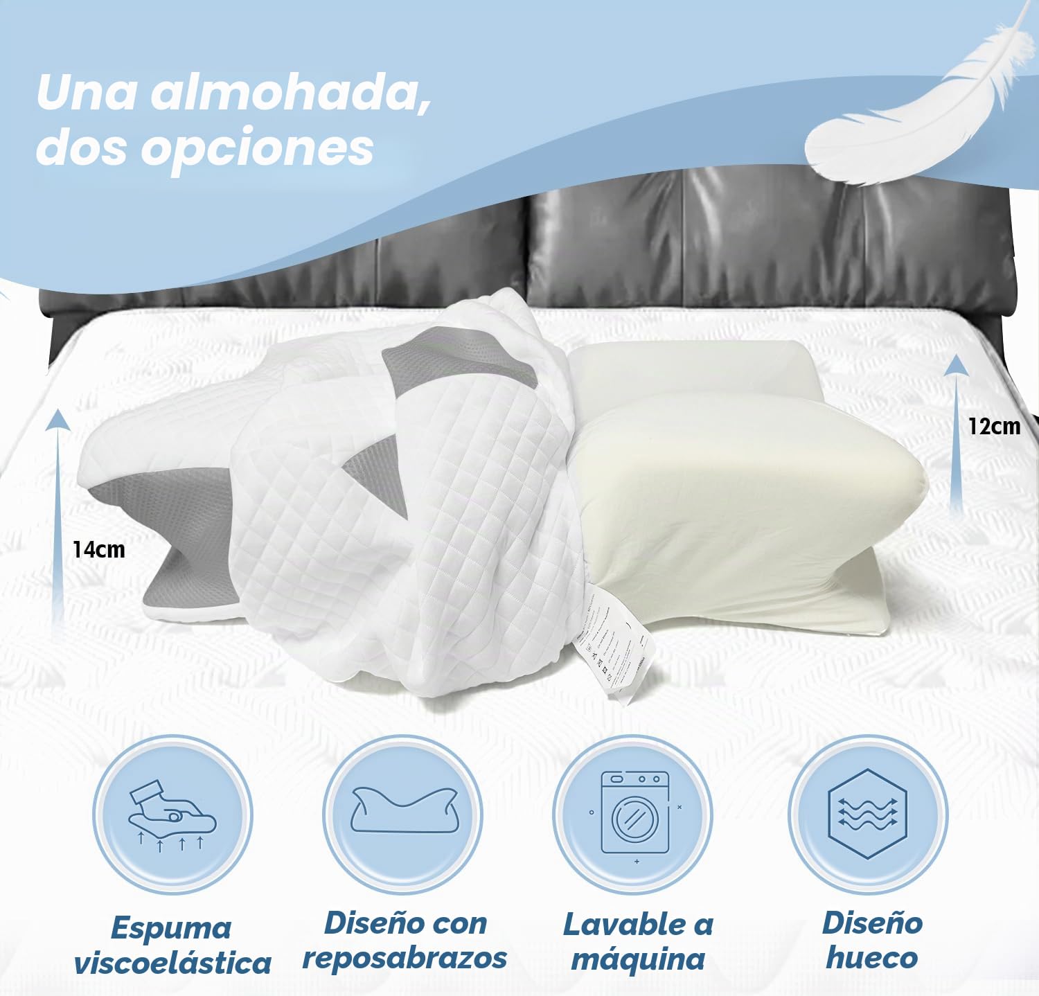 Almohada Cervicales y Cuello, Almohada Ortopedica Viscoelastica, Ergonómico Almohada Espuma de Memoria,Almohada Cervicale para Dormir de Lado y Boca Arriba 60 x 40 x 11/13 cm