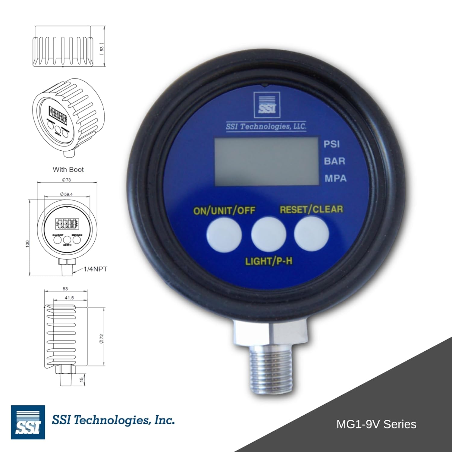 SSI Technologies - MG1-500-A-9V-R SSI TECHNOLOGIES MG1-9V Series Media Gauge Digital Pressure Gauge Sensor with LCD Display, 500psig Operating Pressure, 9V, 1% Accuracy, 1/4-18 NPT Male Process Connector Type