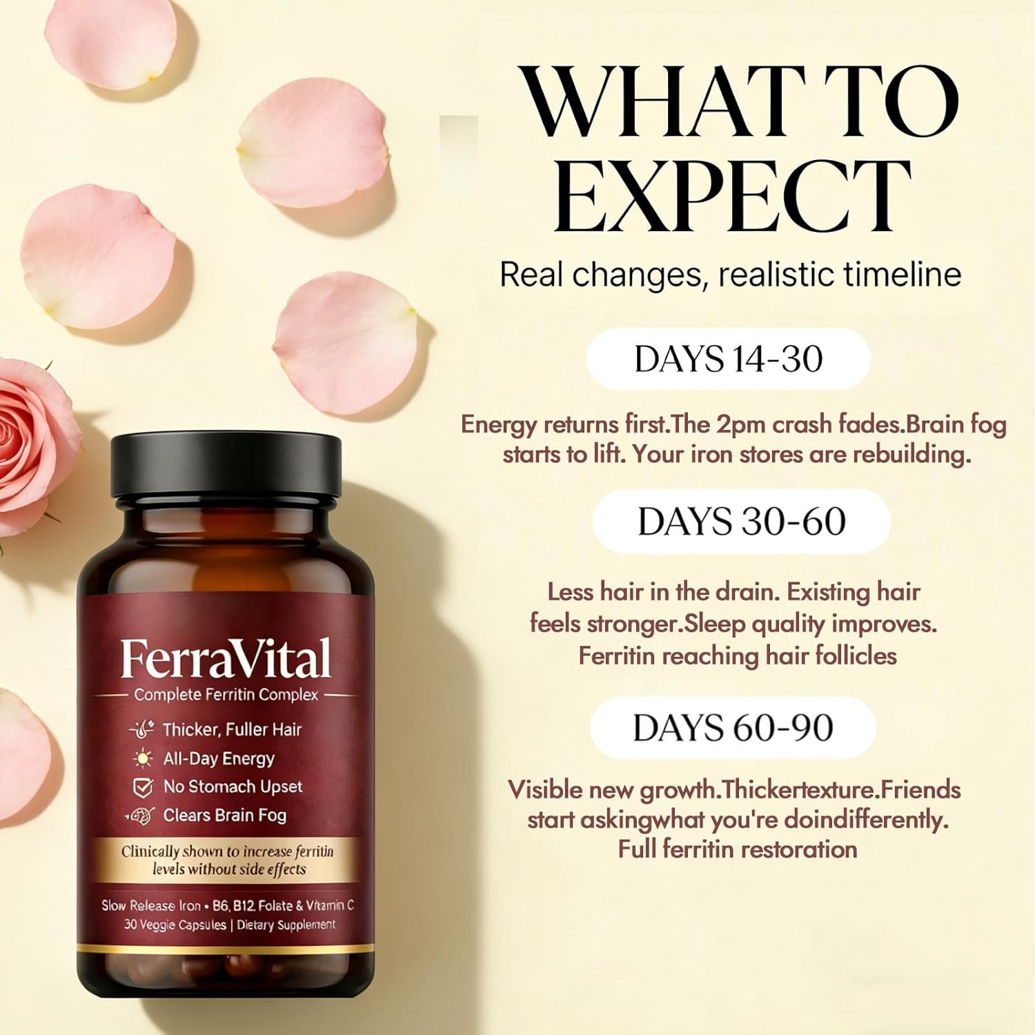 Ferritin Supplement for Women – Supports Healthy Iron & Energy Levels – with Ferrous Glycine, Vitamins C, B12, B6, Folate, Zinc & Probiotics – 60 Capsules