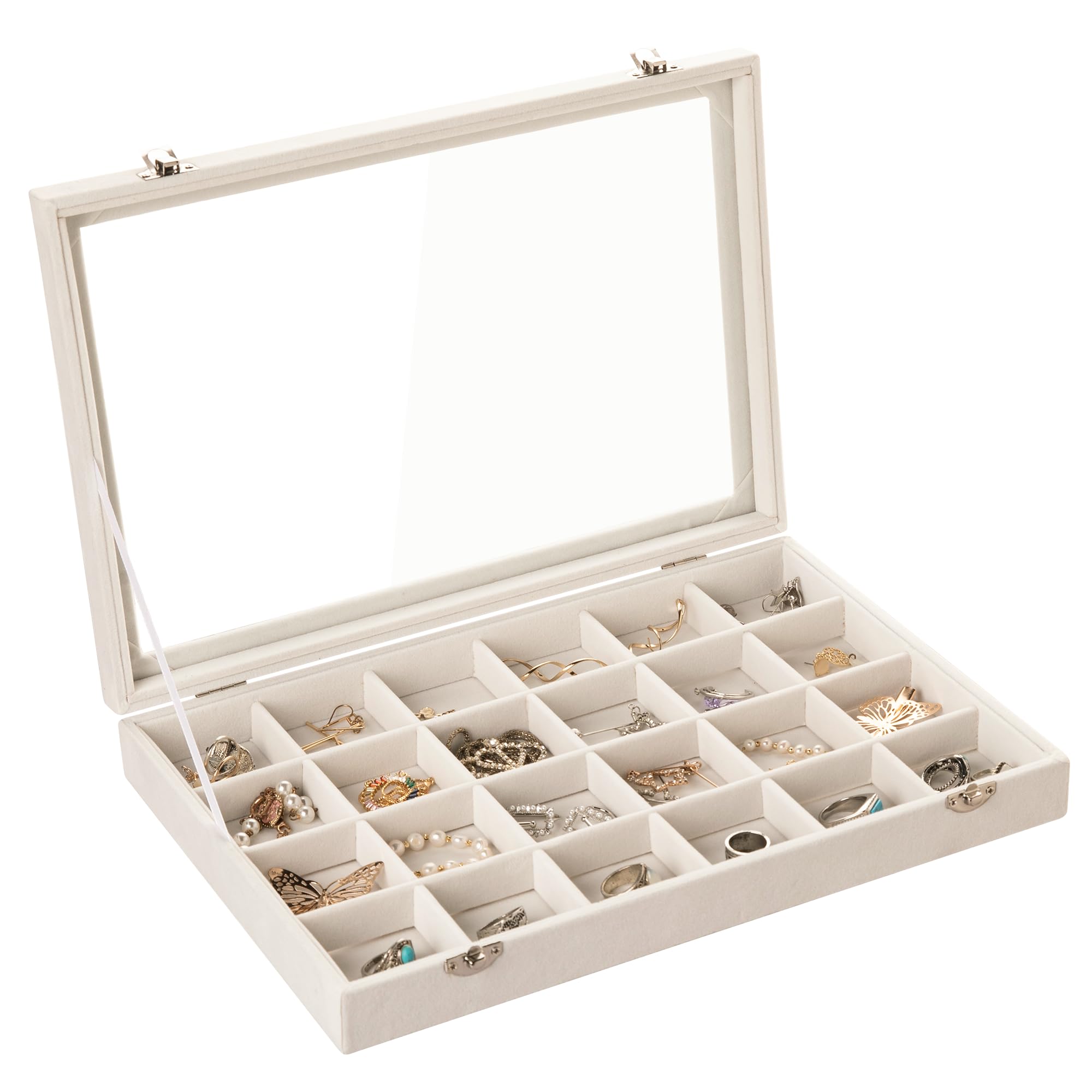 Frebeauty Samt Schmucktablett 24 Gitter Schmuck Organizer mit durchsichtigem Deckel Ohrring Organizer Halter Etui mit Verschluss Schubladeneinsatz Anhänger Broschen Geschenk (Beige 24 Gitter)