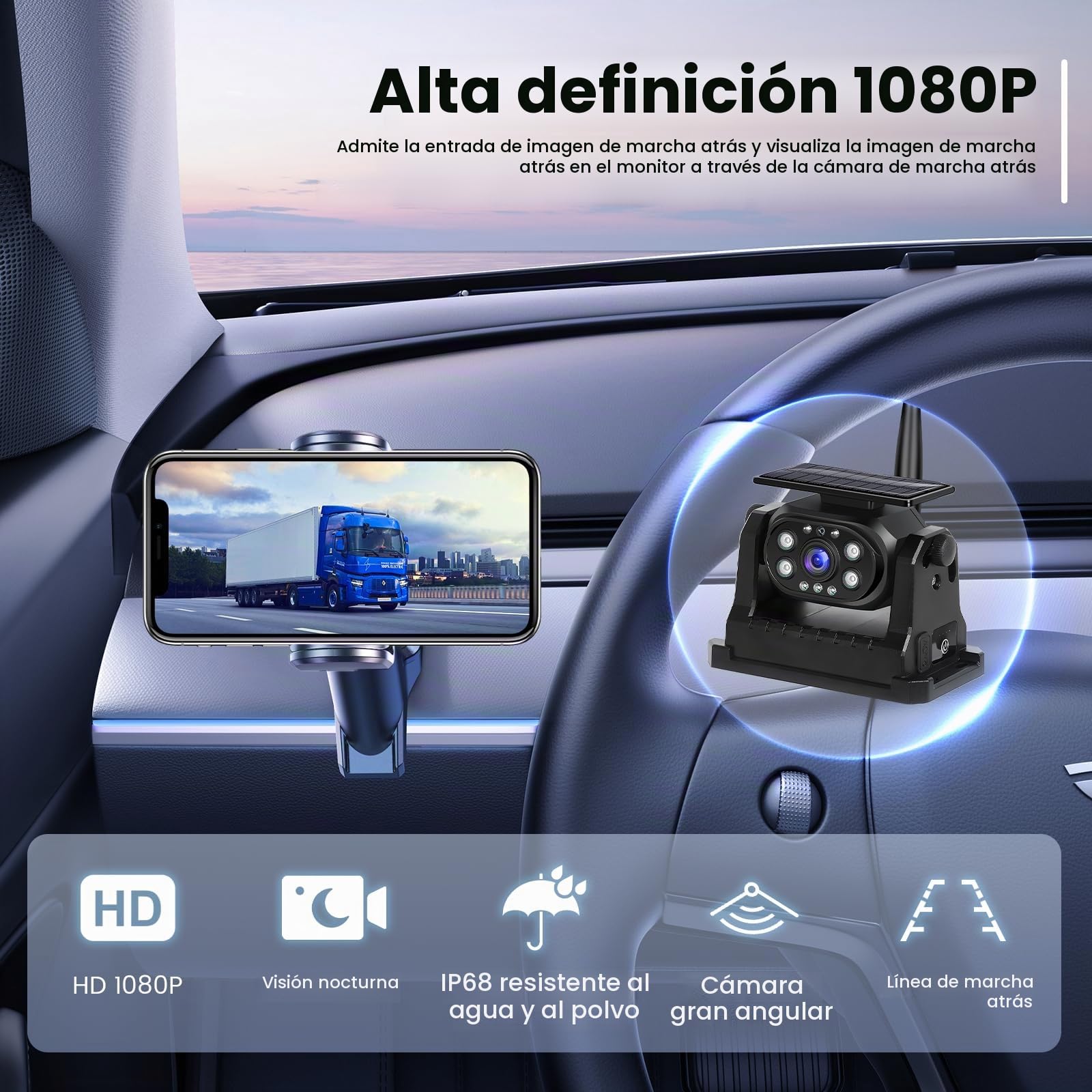 Hodozzy Cámara de Visión Trasera Solar Inalámbrica WiFi Estable, Cámara 1080P Impermeable con Visión Nocturna, Carga Solar, Ayuda de Marcha Atrás, Recargable para Automóvil