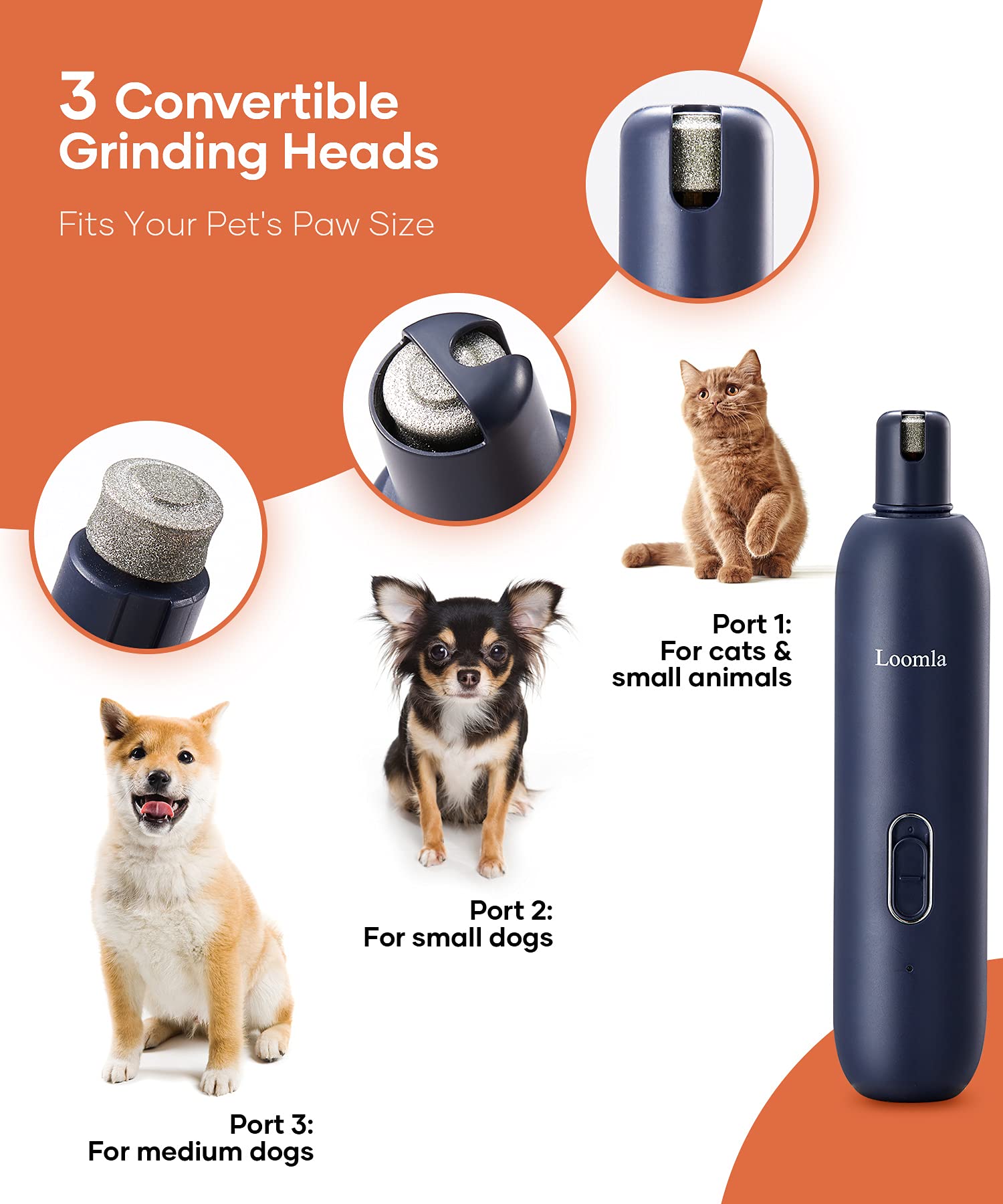 Broyeur à Griffes pour Chiens, Chats et Petits Animaux, toiletteur Professionnel avec 3 Pointes de meulage interchangeables, Faible Vibration et Fonctionnement Silencieux, Rechargeable par USB