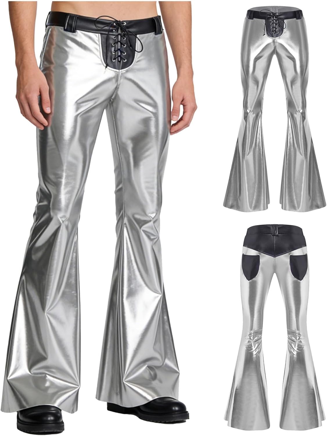 Mens 70s Disco Dance Pants Metallic Shiny 80s Costumes Bell Bottoms Vintage Cowboy Trousers