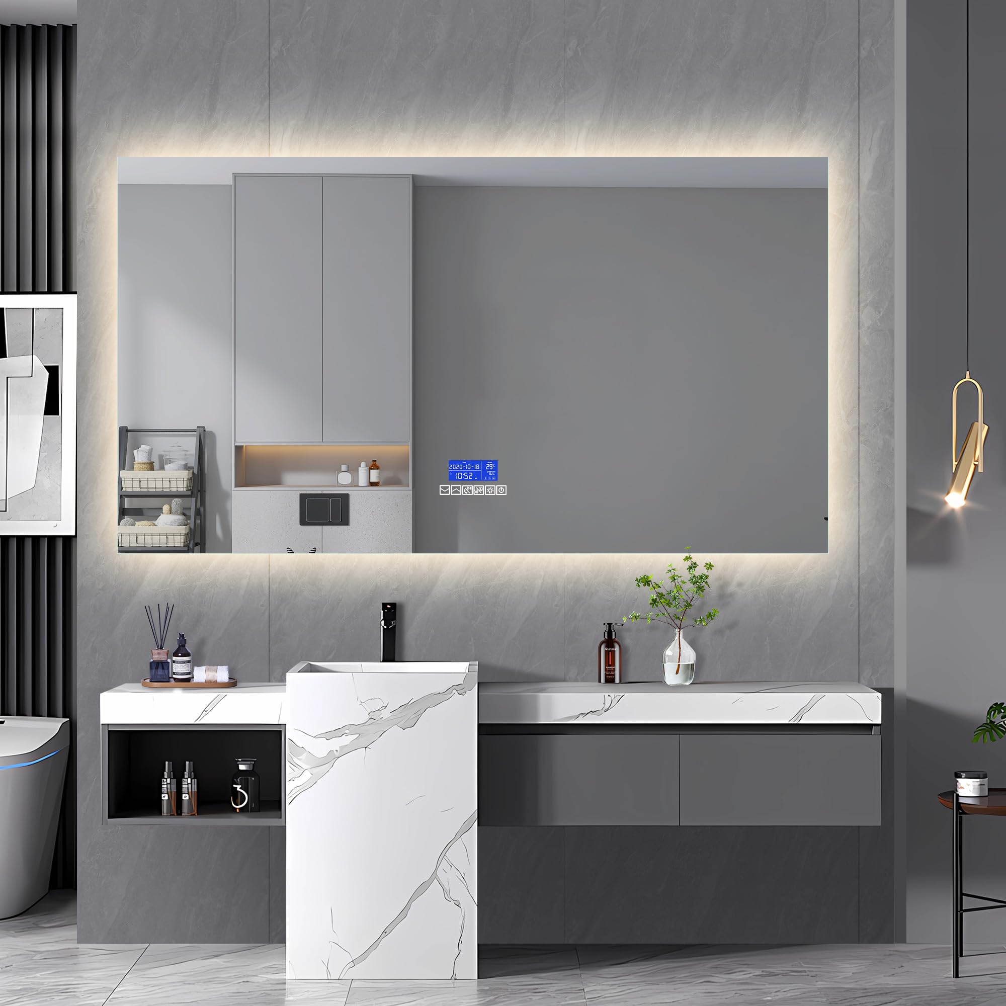 DIYHOM Espejo de baño con iluminación LED, rectangular, 80 x 140 cm, espejo de baño con antivaho, indicador de temperatura y 3 brillo ajustable, Bluetooth, espejo de pared para baño