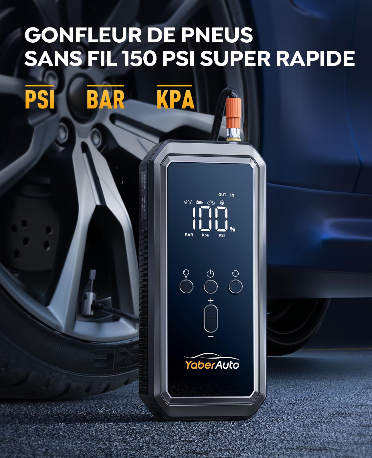 YaberAuto Booster Batterie Voiture avec Compresseur 5000A 150 PSI Booster Batterie Moto/Auto (Jusqu’à 9,0L Gaz ou 8,0 L Diesel) 12V Demarreur Batterie Voiture avec Gonfleur,Grand Écran LED,Lamp LED