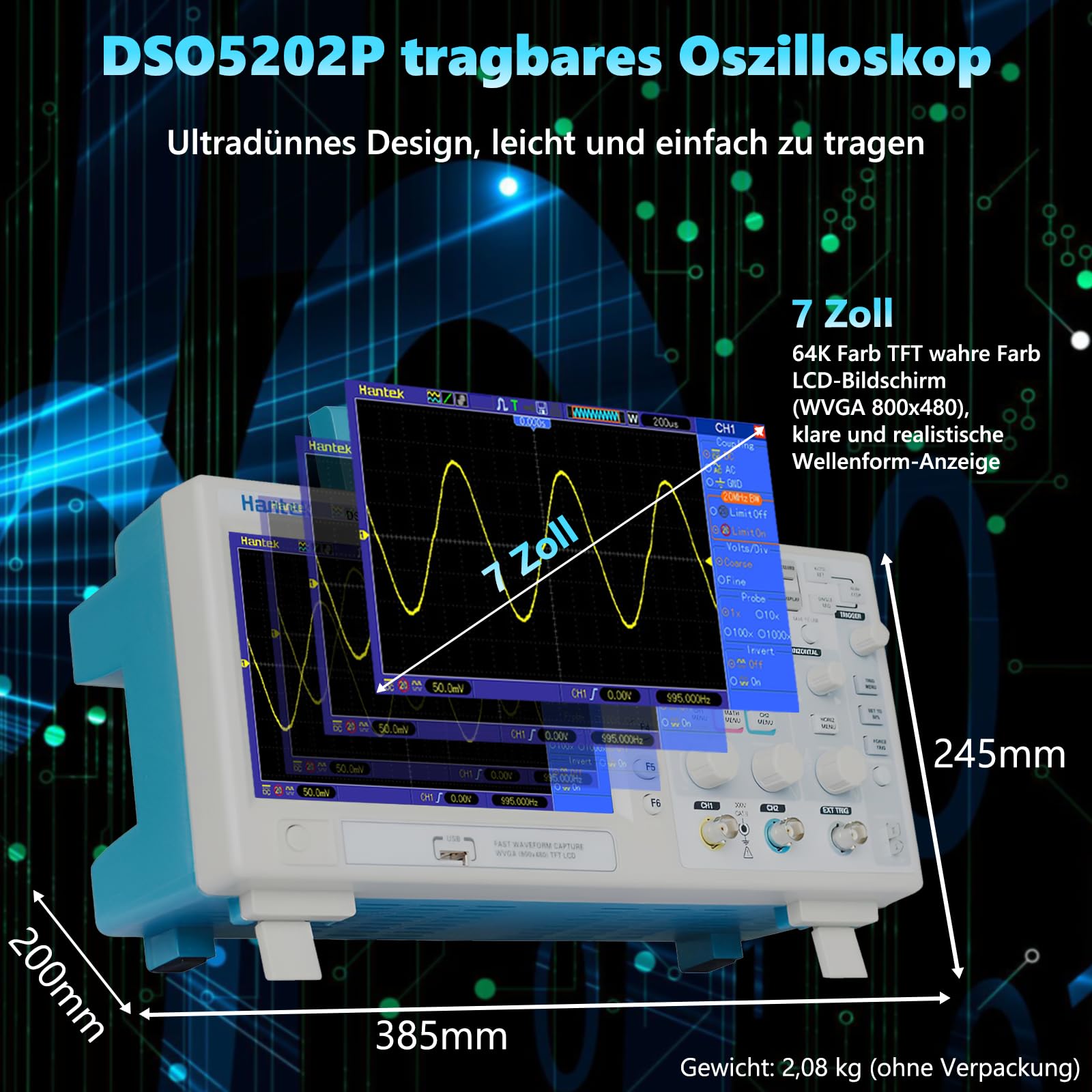 Hantek DSO5202P - Oscilloscopio digitale portatile 2 in 1 200 MHz 1GSa/s, 8 bit, 40 K Desktop Storage Oscilloscopio con trigger esterno (2CH + EXT) Supporta memoria USB