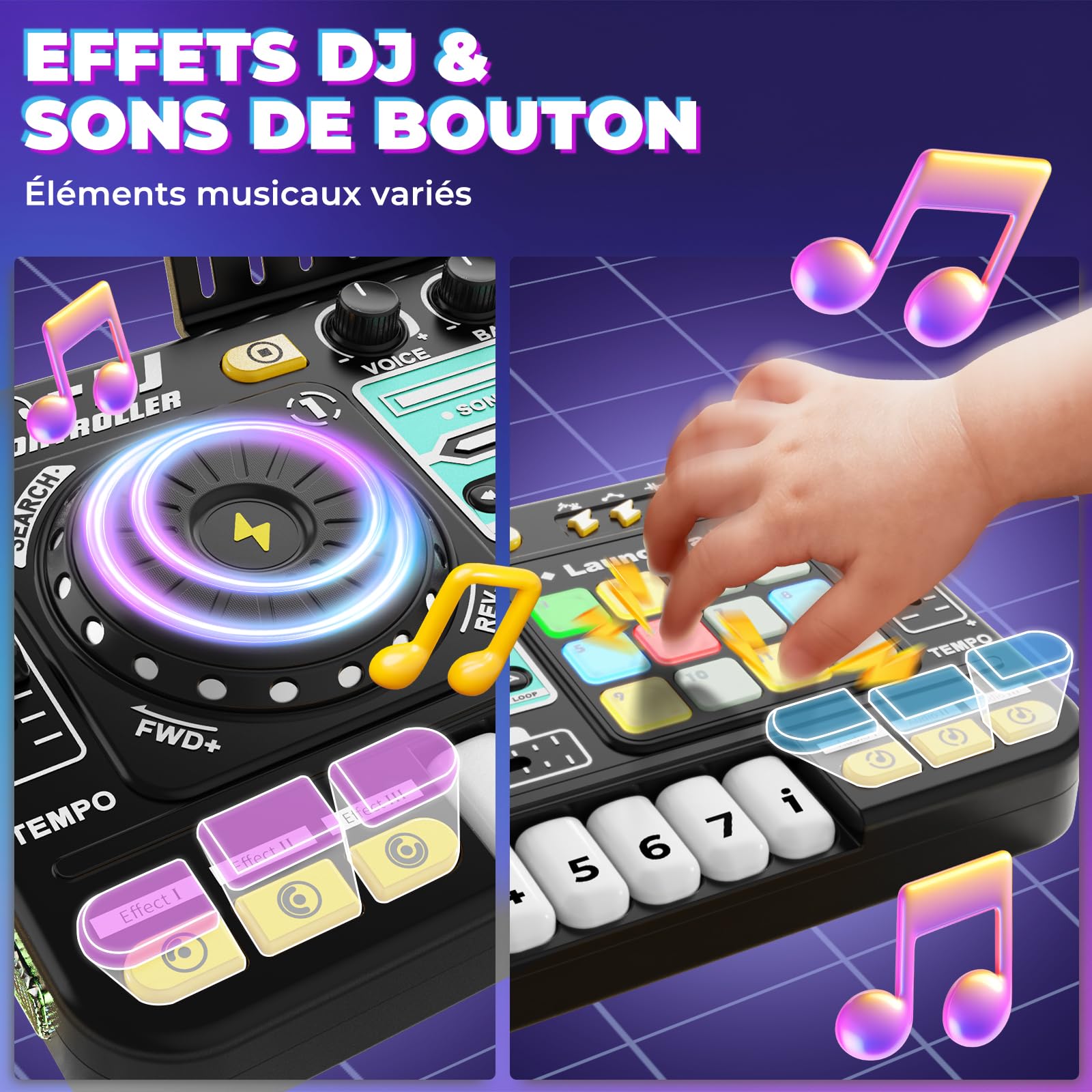 Table de mixage DJ - Pupitre pour enfants de 3 à 10 ans - Contrôleur DJ - Instruments de musique avec microphone - 100 effets sonores - Batterie - Cadeau pour débutants - Garçon et fille - 3, 5, 6, 7