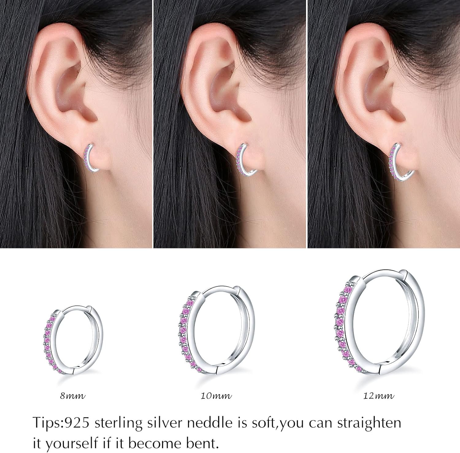 925 Sterling Silver Small Hoop Earrings Cubic Zirconia Huggie Hoop Earrings, 3 Pairs 14K White Gold Plated Cartilage Piercing Earrings Ear Cuff Tiny Hoop Earrings for Women Men - Image 2