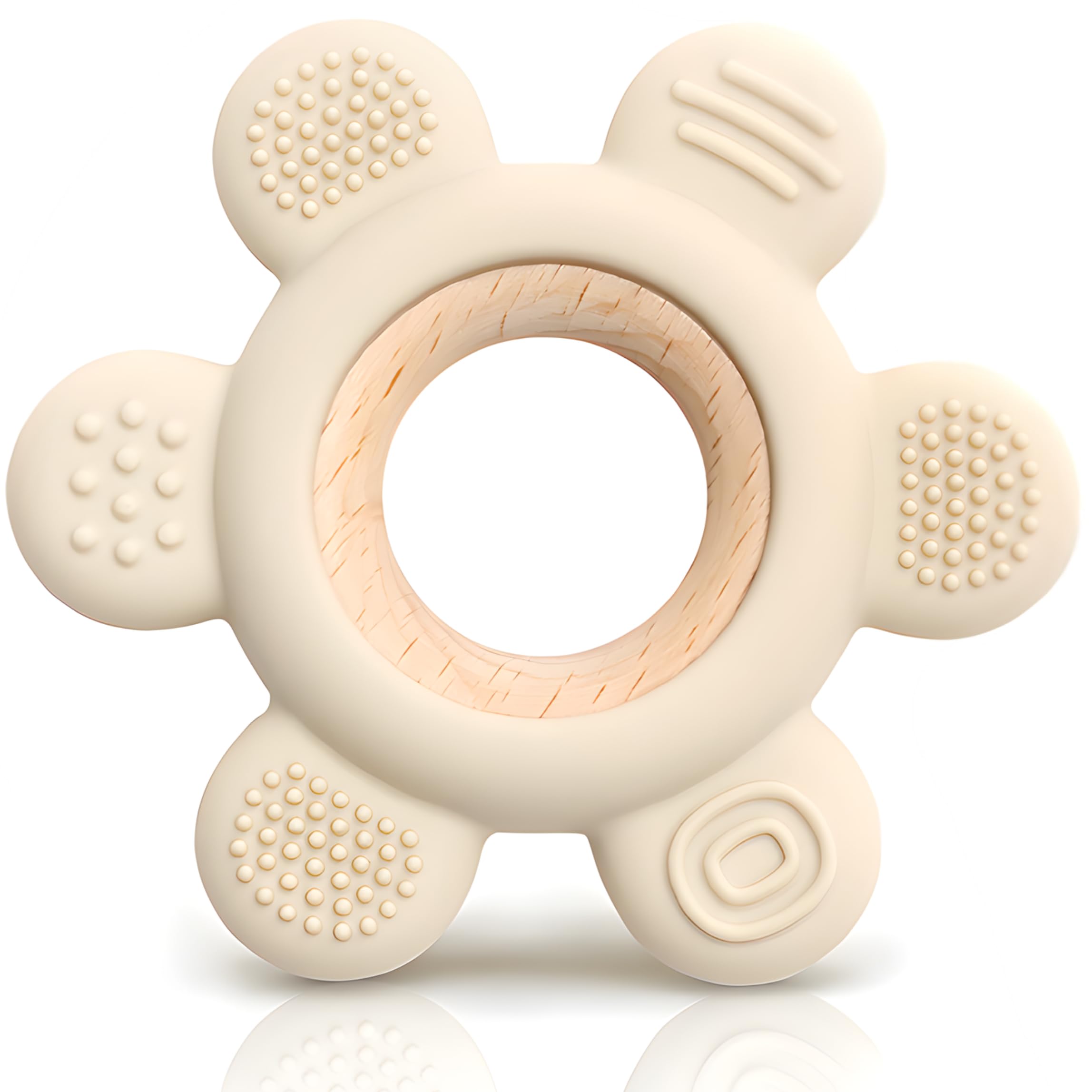 CAJA Beißring Blume Baby Zahnungshilfe Beißspielzeug aus Silikon Holz BPA frei Greifring mit strukturierten Oberflächen sicheres sensorisches Babyspielzeug Geschenkidee zur Geburt Jungen und Mädchen