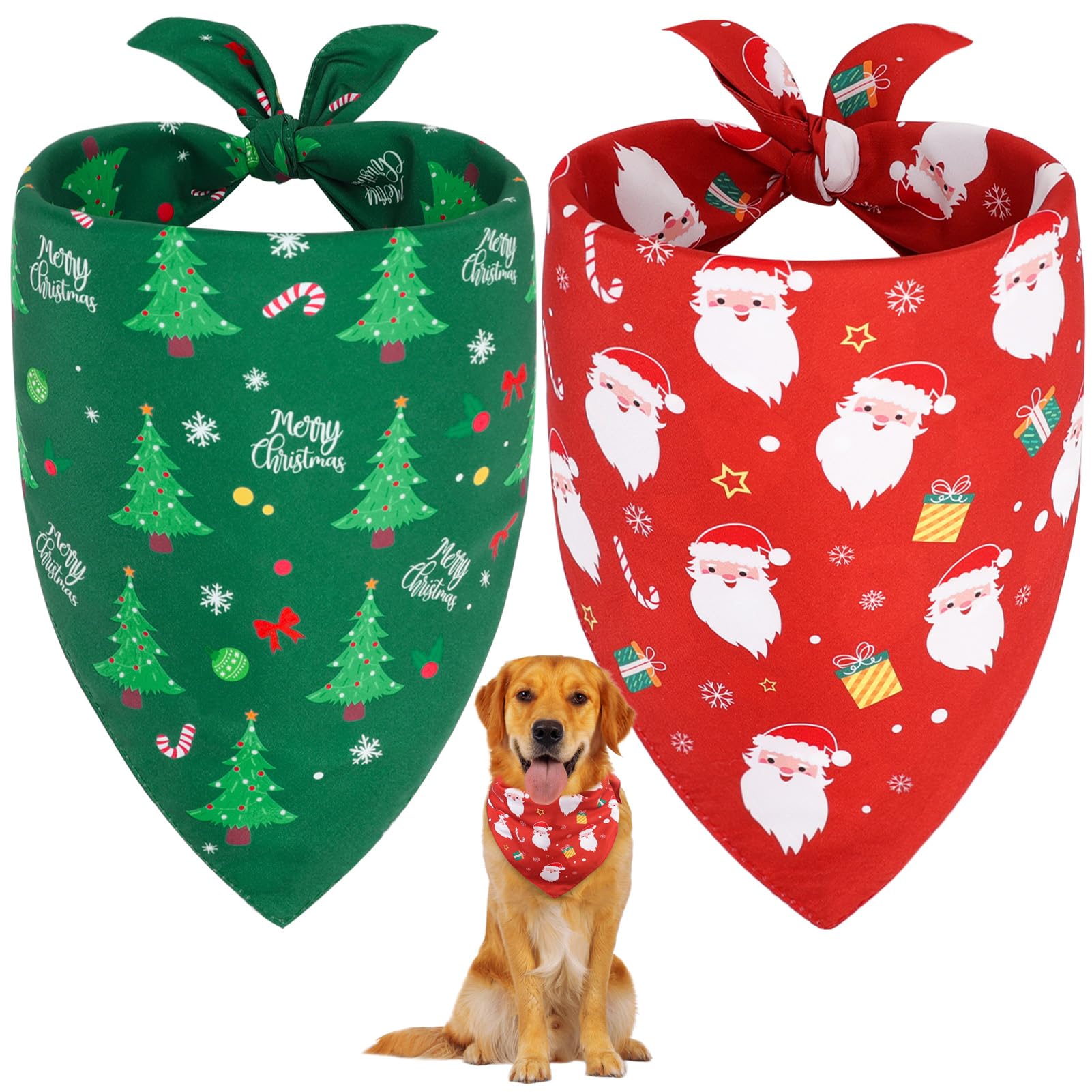 SZEE Dog Christmas Bandana 2 Pack – Dog Christmas Outfit with Santa and Xmas Tree Designs, Perfect Festival Doggy Gifts & Outfits (X-Large, Red & Green)